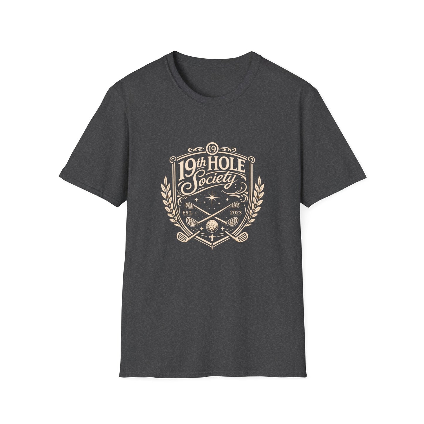 19th Hole Society Golf T-Shirt | Vintage Crest Front Print Tee | Premium Golf Apparel - SJM Print Store
