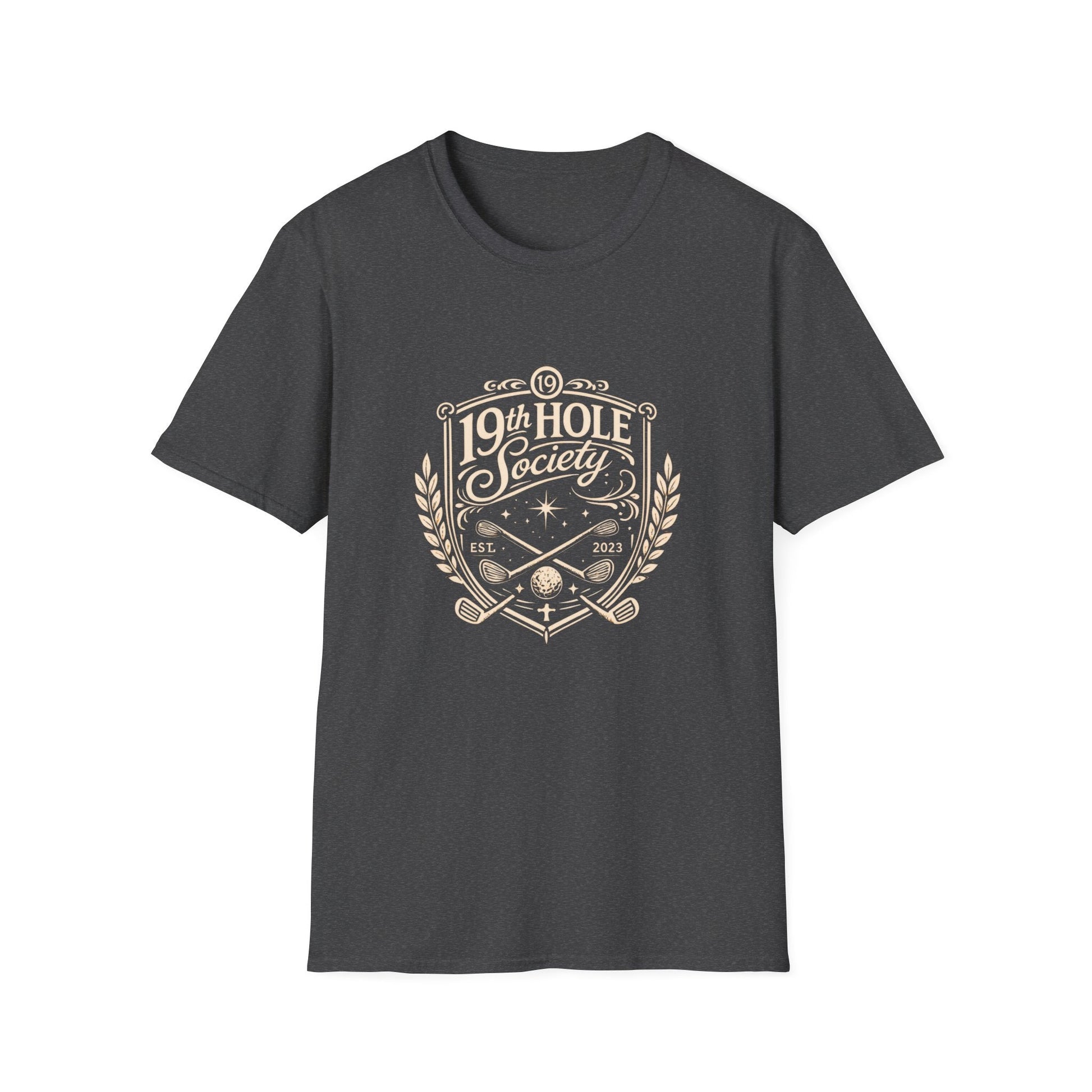 19th Hole Society Golf T-Shirt | Vintage Crest Front Print Tee | Premium Golf Apparel - SJM Print Store