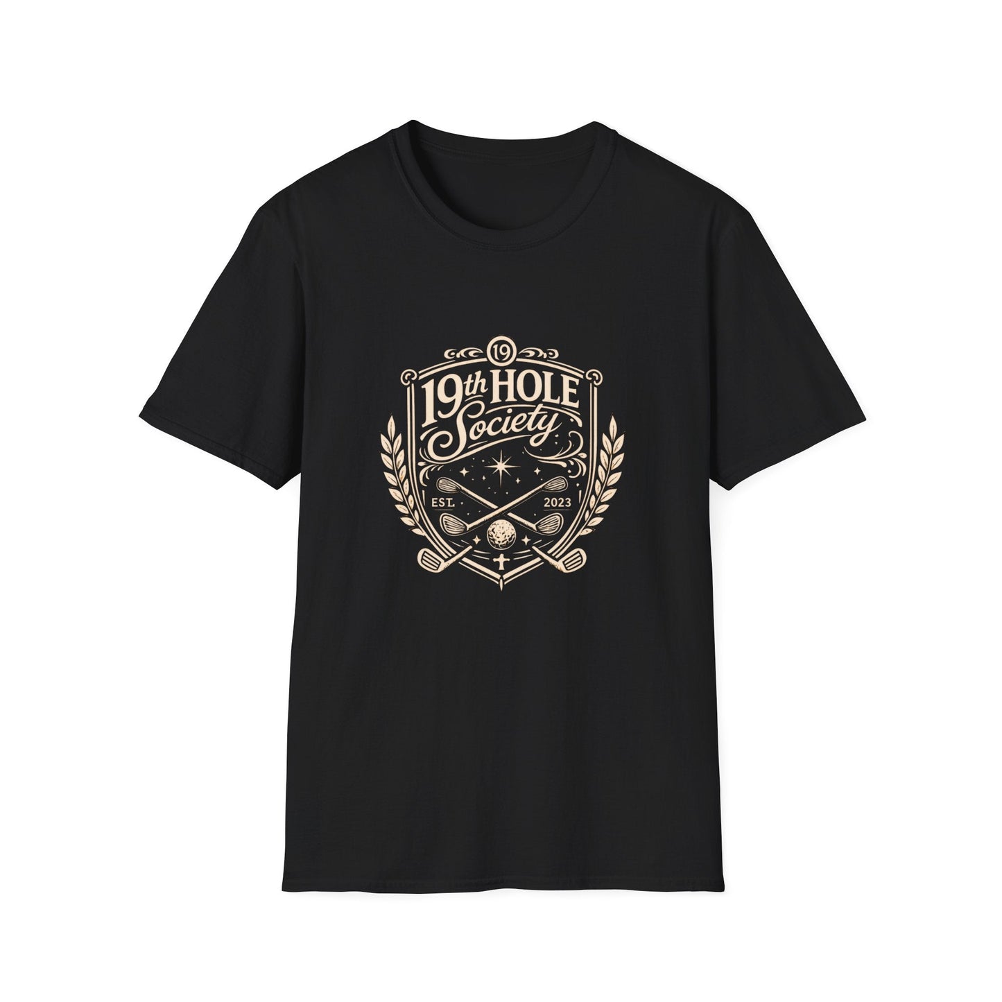 19th Hole Society Golf T-Shirt | Vintage Crest Front Print Tee | Premium Golf Apparel - SJM Print Store