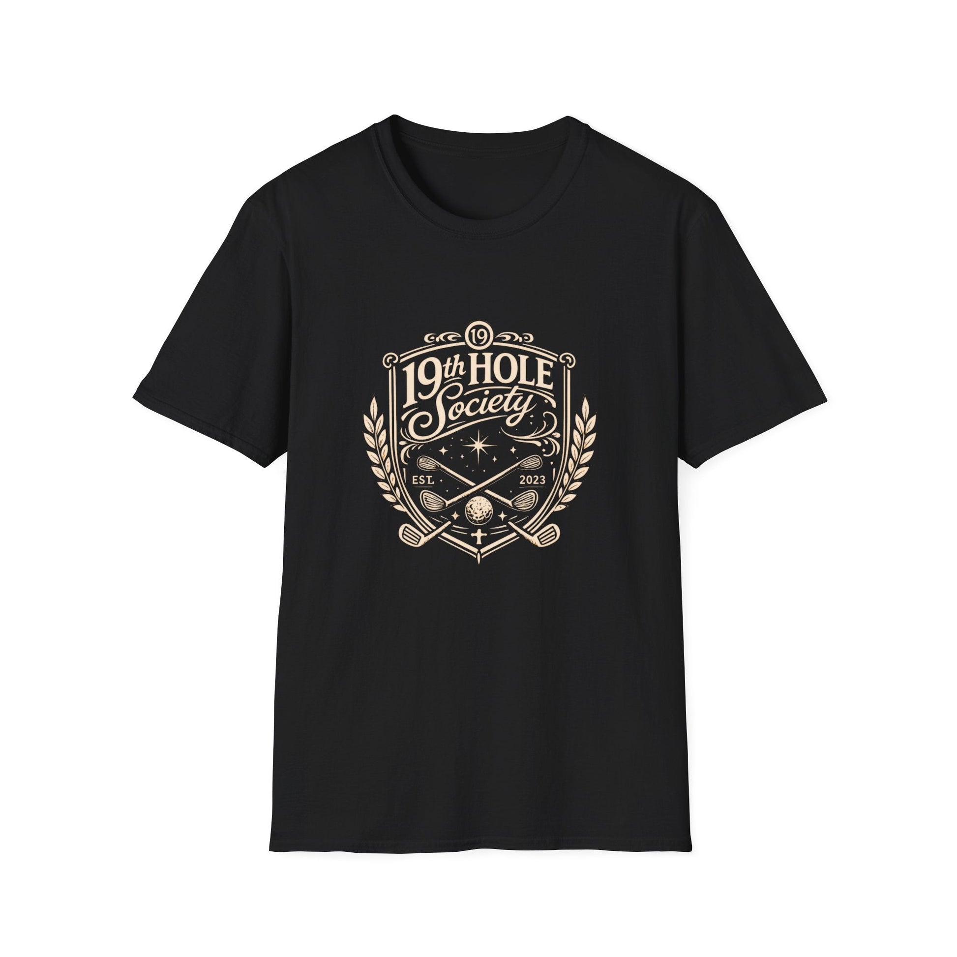 19th Hole Society Golf T-Shirt | Vintage Crest Front Print Tee | Premium Golf Apparel - SJM Print Store