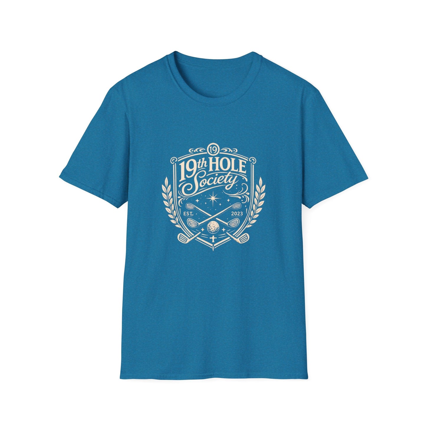19th Hole Society Golf T-Shirt | Vintage Crest Front Print Tee | Premium Golf Apparel - SJM Print Store