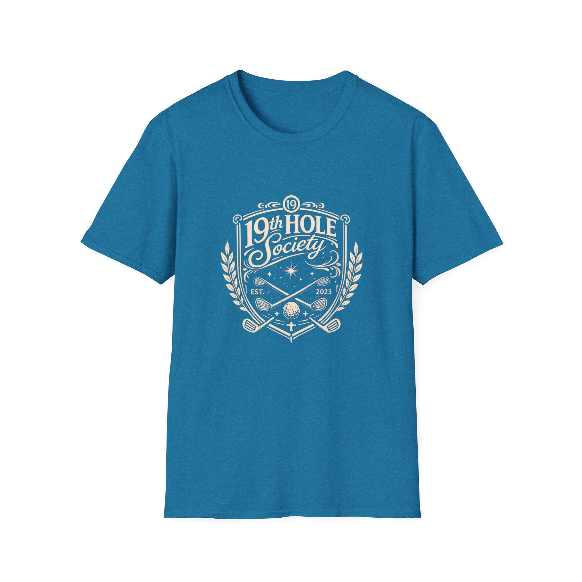 19th Hole Society Golf T-Shirt | Vintage Crest Front Print Tee | Premium Golf Apparel - SJM Print Store