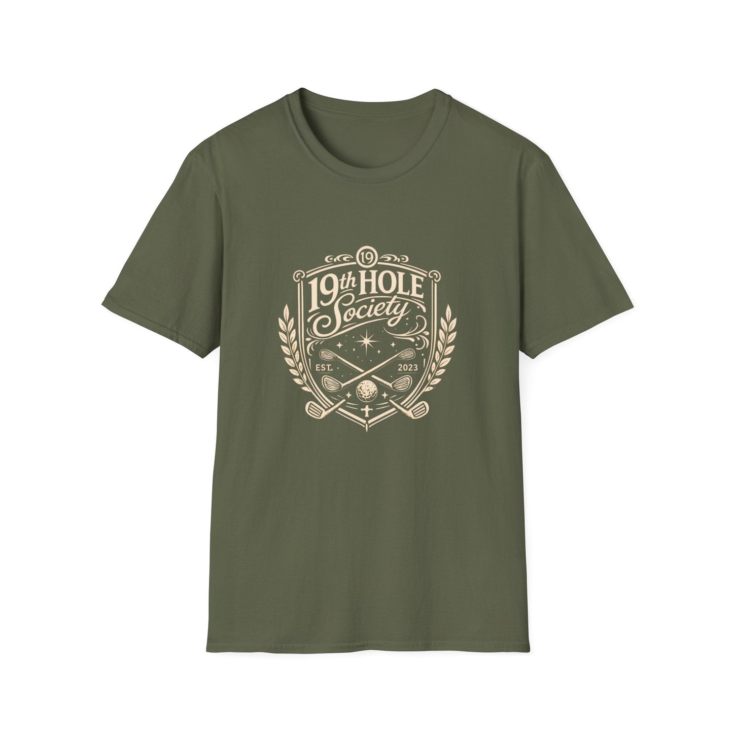 19th Hole Society Golf T-Shirt | Vintage Crest Front Print Tee | Premium Golf Apparel - SJM Print Store