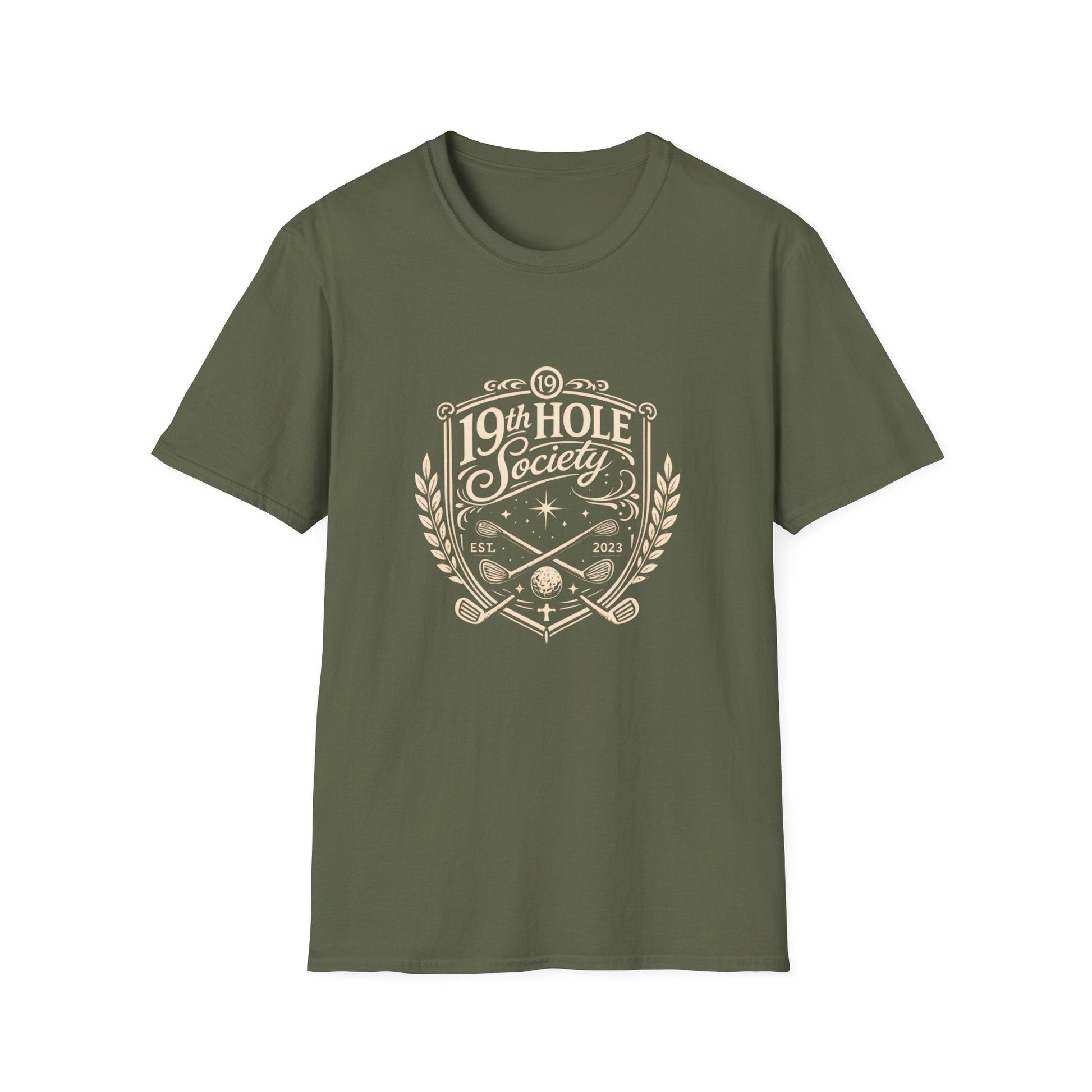 19th Hole Society Golf T-Shirt | Vintage Crest Front Print Tee | Premium Golf Apparel - SJM Print Store