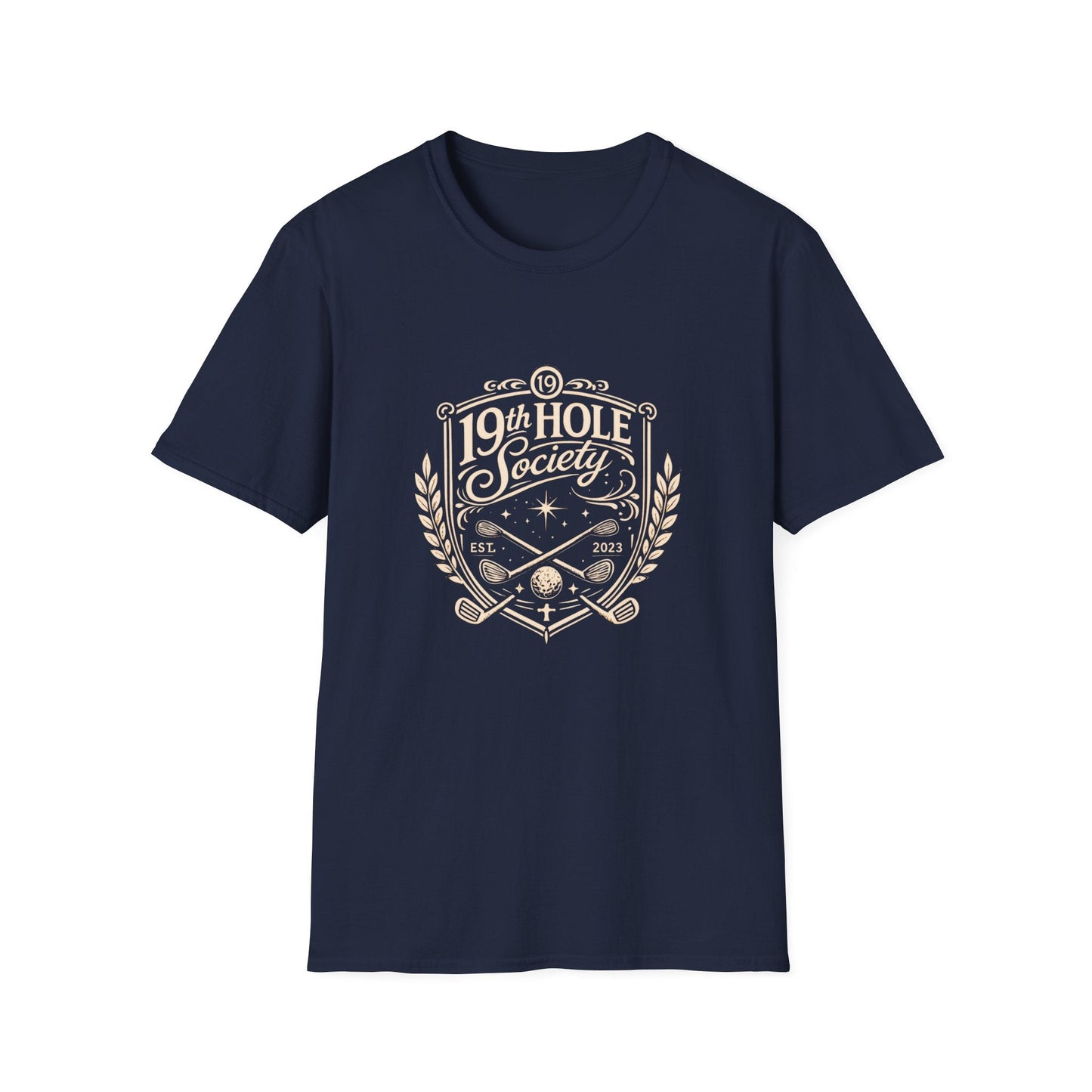 19th Hole Society Golf T-Shirt | Vintage Crest Front Print Tee | Premium Golf Apparel - SJM Print Store