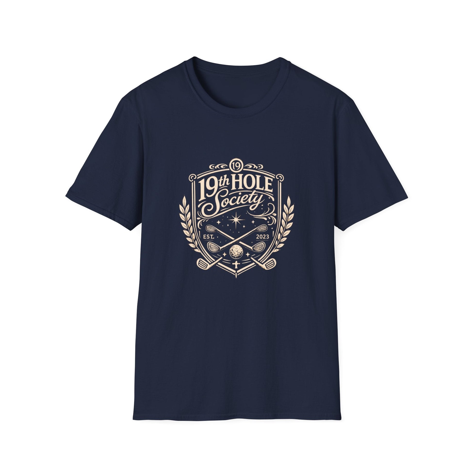 19th Hole Society Golf T-Shirt | Vintage Crest Front Print Tee | Premium Golf Apparel - SJM Print Store