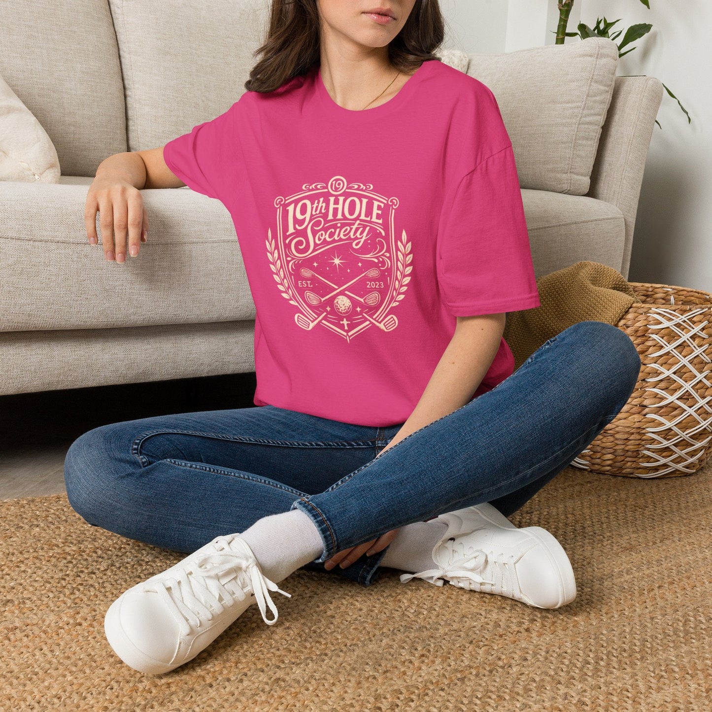 19th Hole Society Golf T-Shirt | Vintage Crest Front Print Tee | Premium Golf Apparel - SJM Print Store