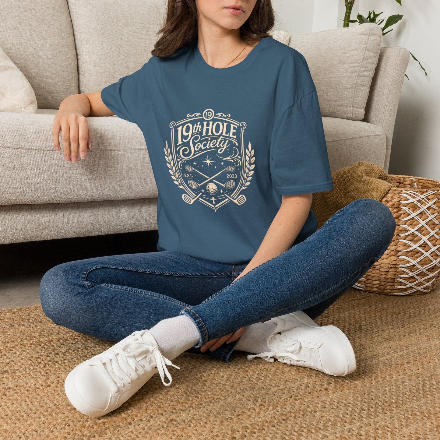 19th Hole Society Golf T-Shirt | Vintage Crest Front Print Tee | Premium Golf Apparel - SJM Print Store