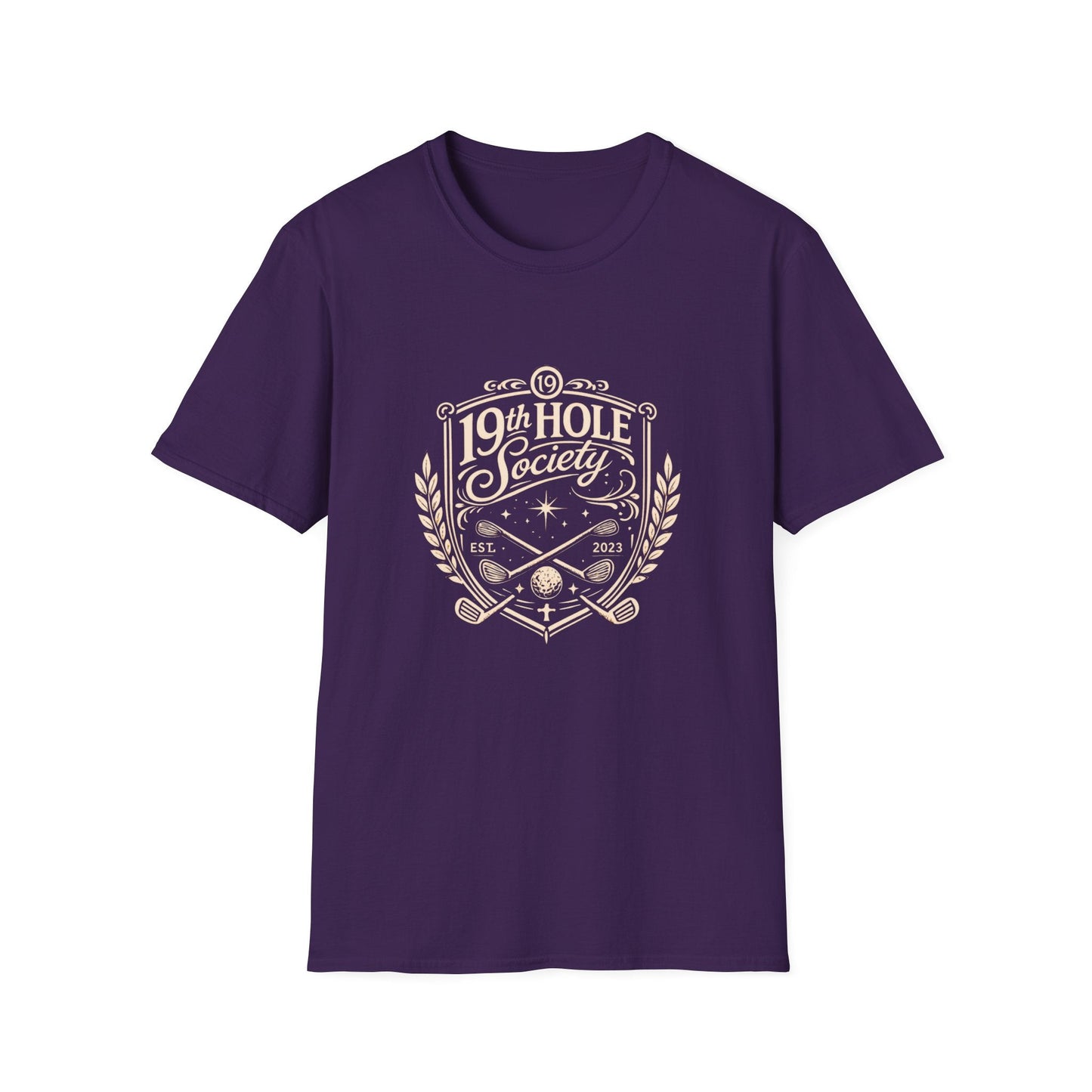 19th Hole Society Golf T-Shirt | Vintage Crest Front Print Tee | Premium Golf Apparel - SJM Print Store