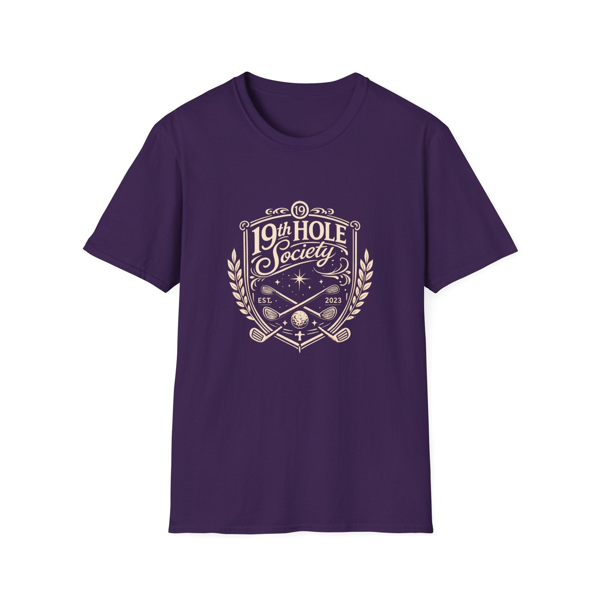 19th Hole Society Golf T-Shirt | Vintage Crest Front Print Tee | Premium Golf Apparel - SJM Print Store