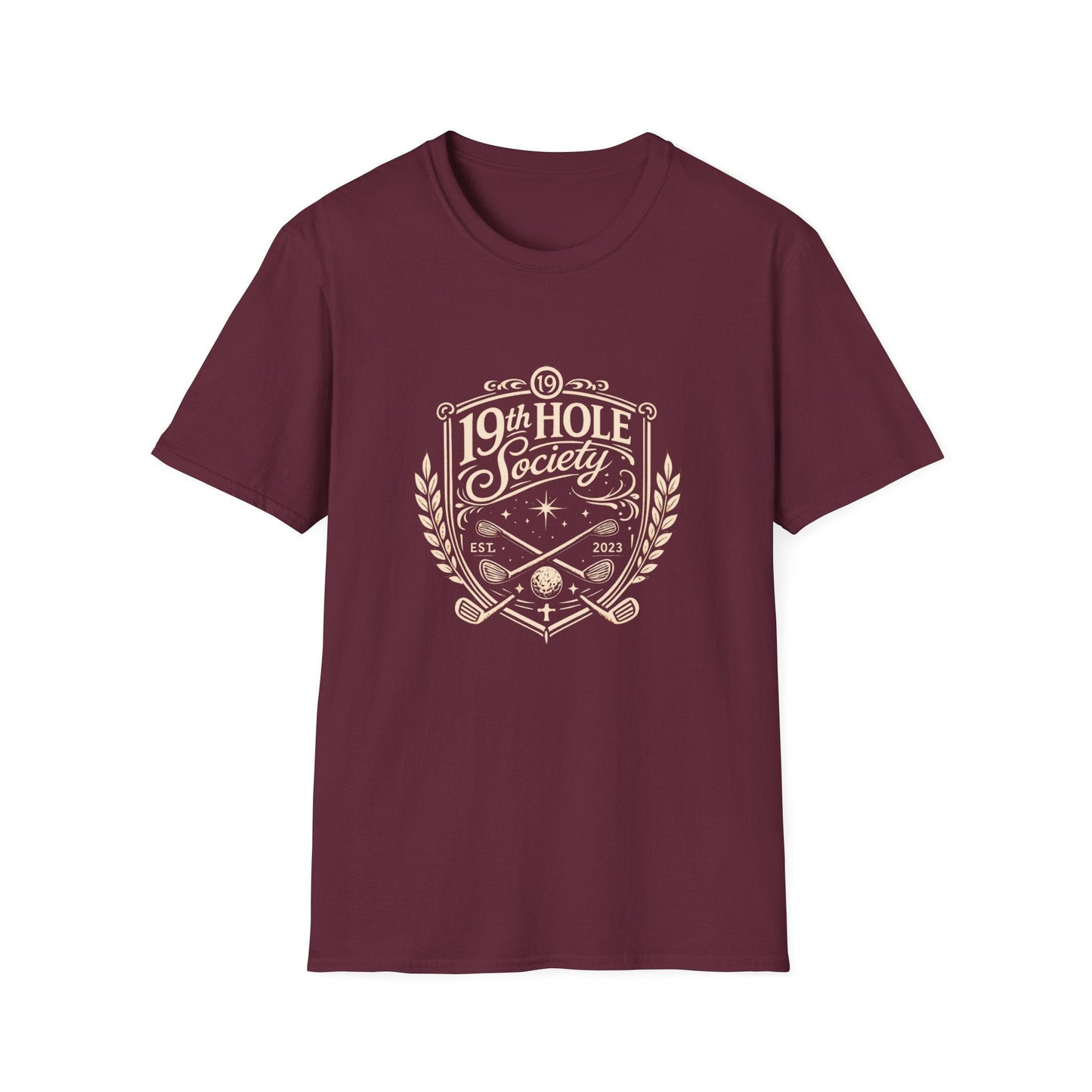 19th Hole Society Golf T-Shirt | Vintage Crest Front Print Tee | Premium Golf Apparel - SJM Print Store
