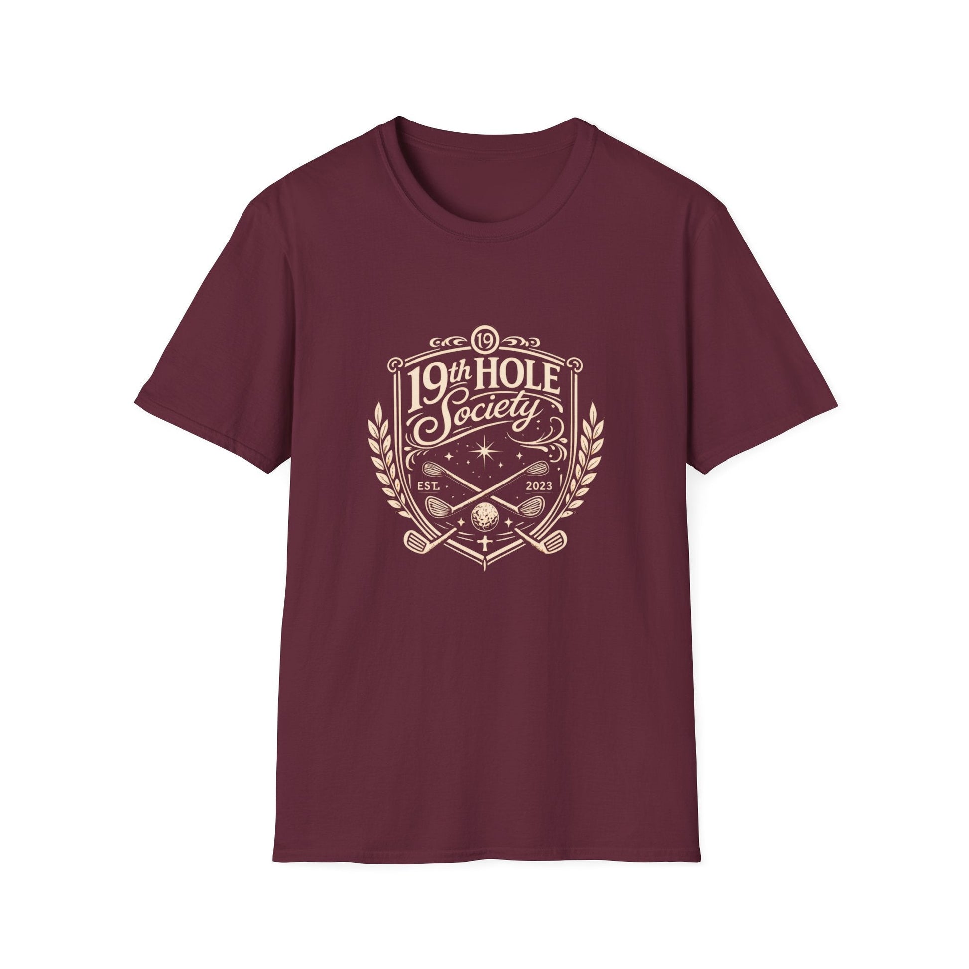 19th Hole Society Golf T-Shirt | Vintage Crest Front Print Tee | Premium Golf Apparel - SJM Print Store