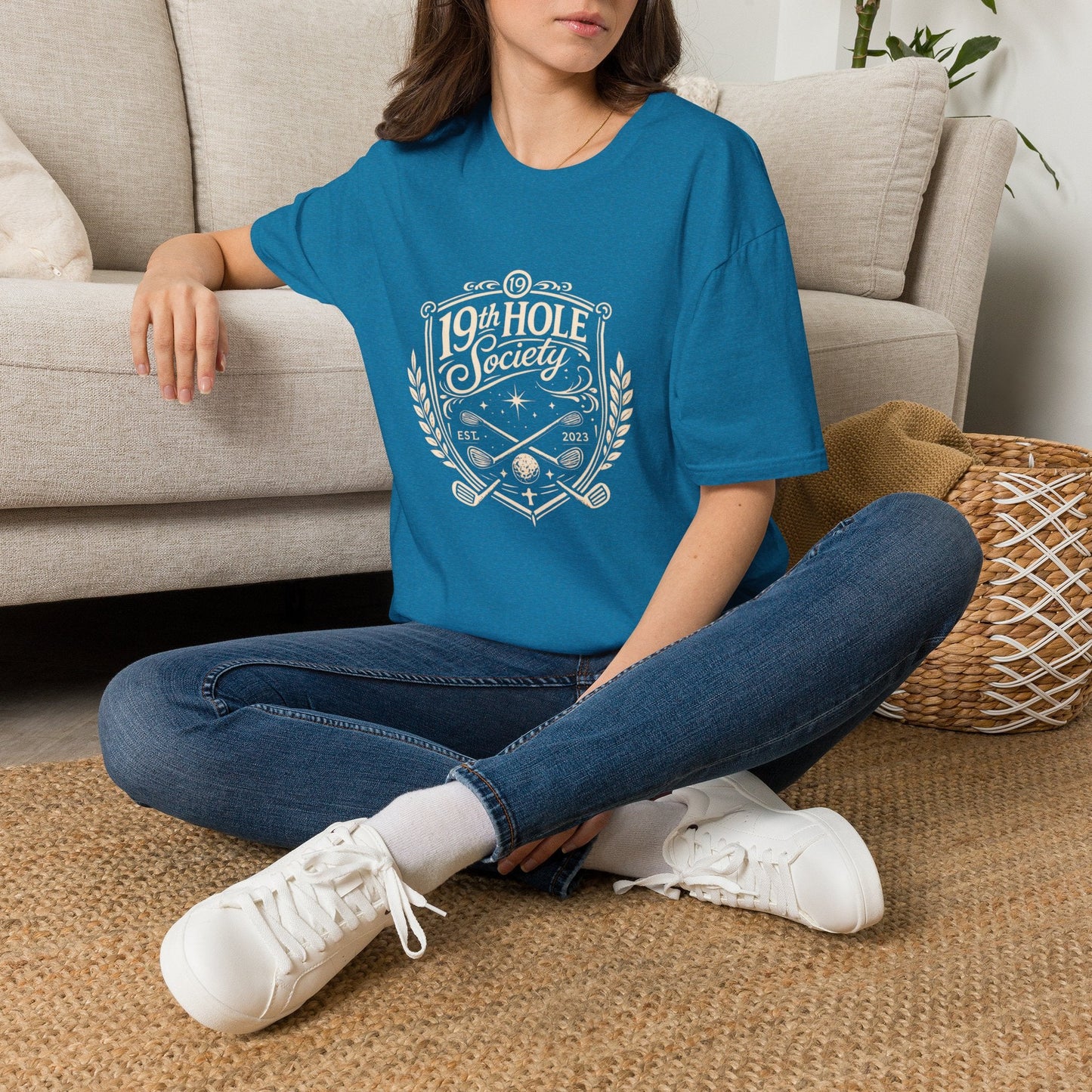 19th Hole Society Golf T-Shirt | Vintage Crest Front Print Tee | Premium Golf Apparel - SJM Print Store