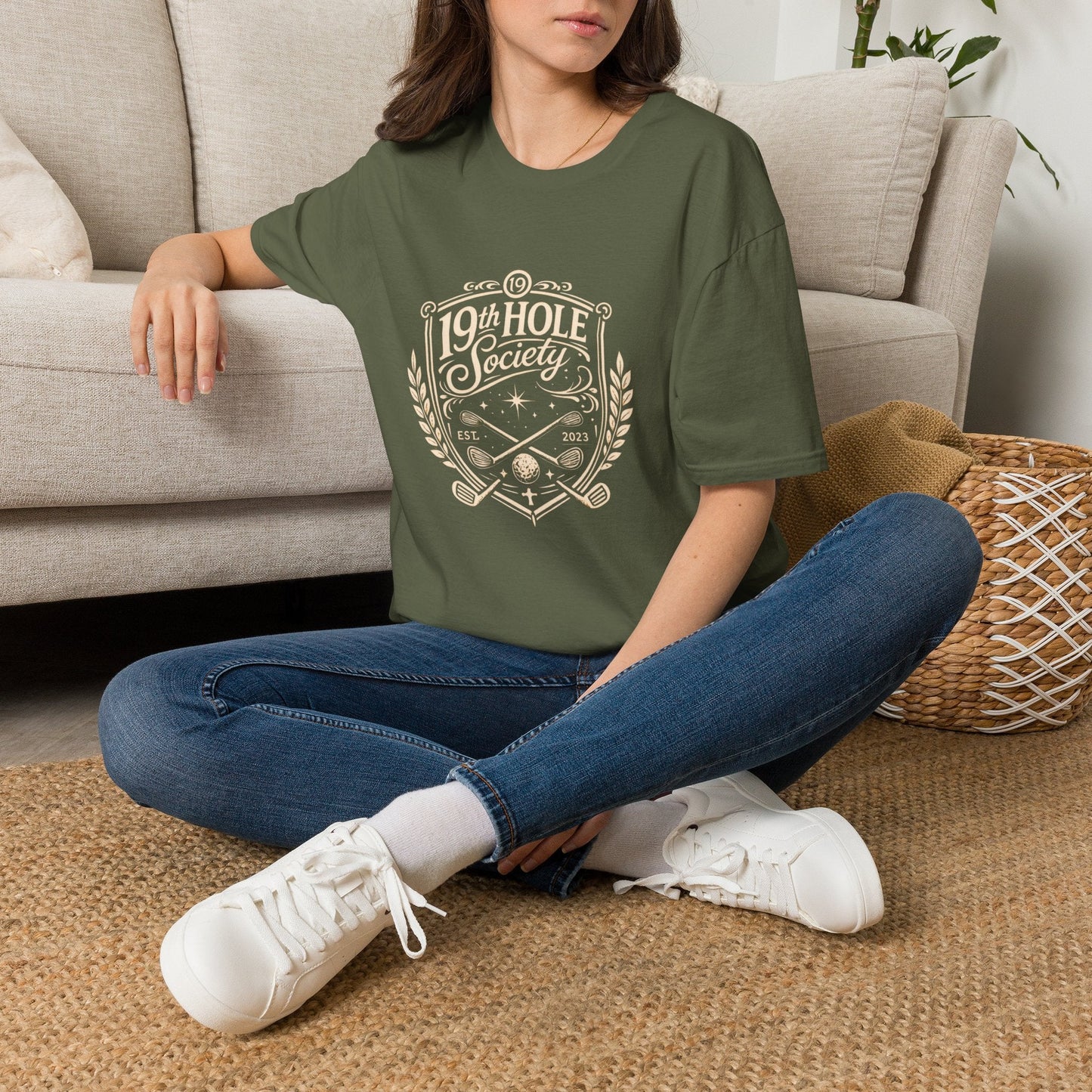 19th Hole Society Golf T-Shirt | Vintage Crest Front Print Tee | Premium Golf Apparel - SJM Print Store