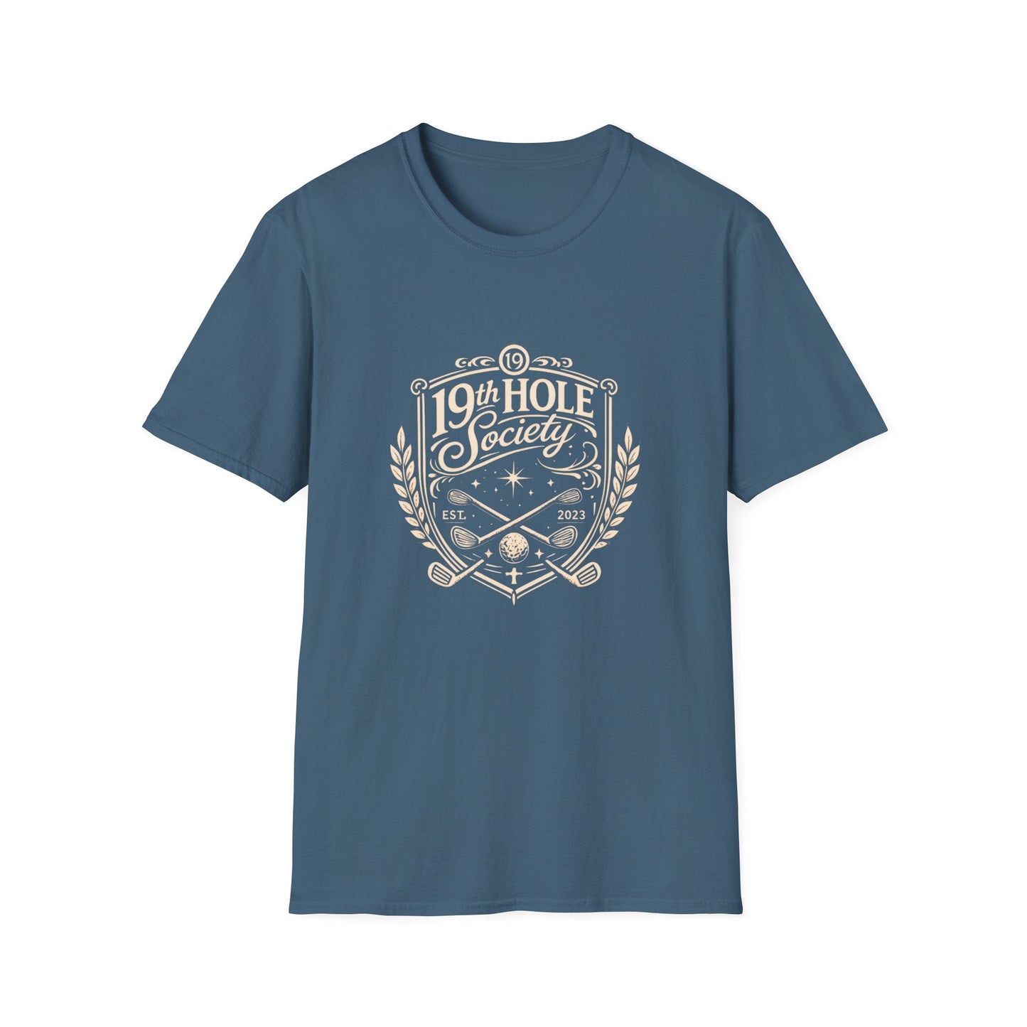 19th Hole Society Golf T-Shirt | Vintage Crest Front Print Tee | Premium Golf Apparel - SJM Print Store