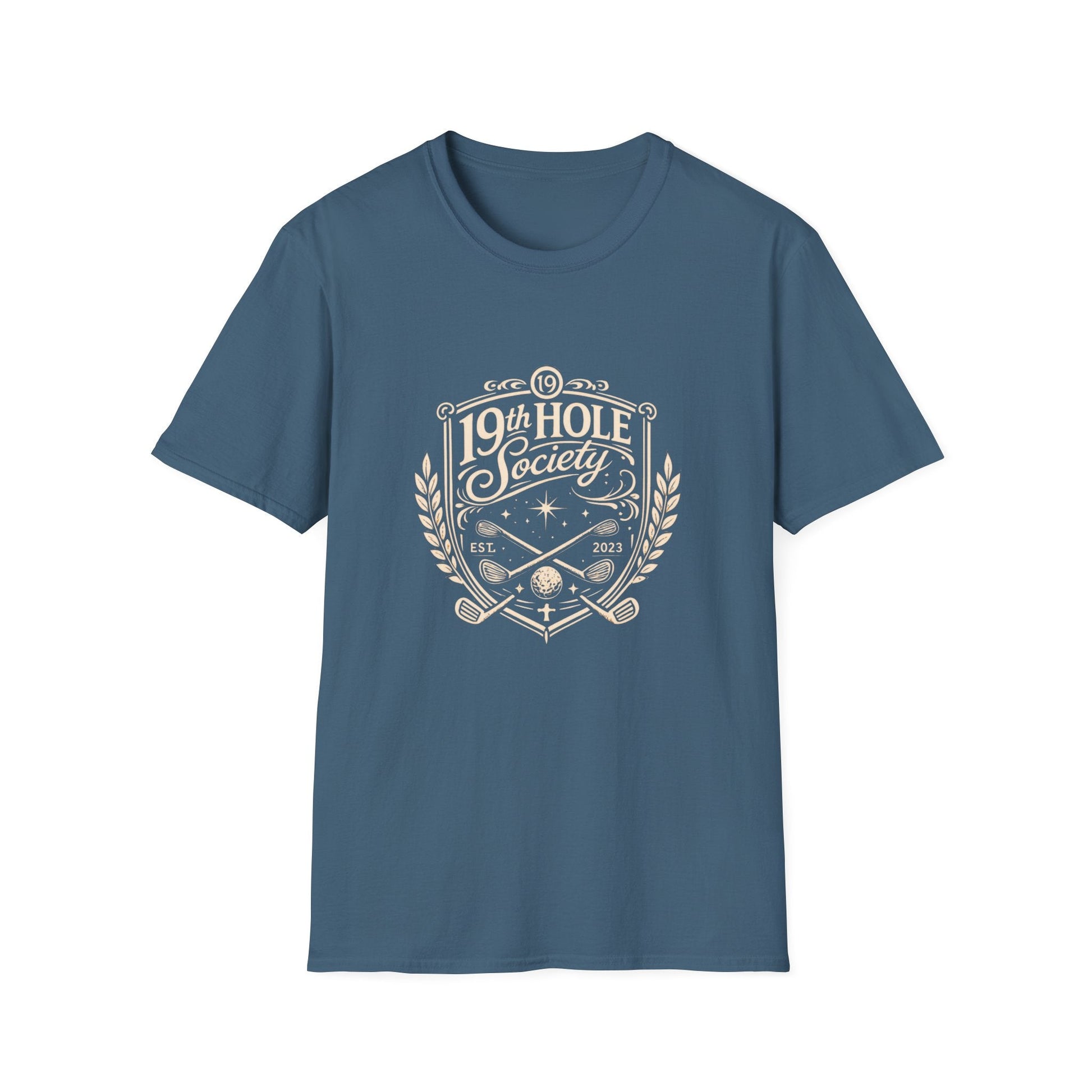 19th Hole Society Golf T-Shirt | Vintage Crest Front Print Tee | Premium Golf Apparel - SJM Print Store