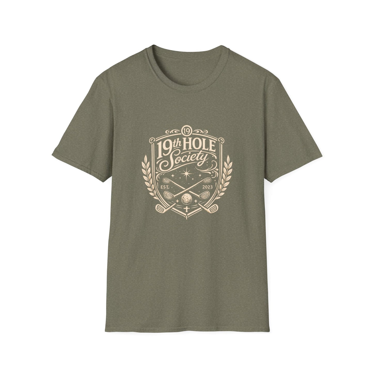 19th Hole Society Golf T-Shirt | Vintage Crest Front Print Tee | Premium Golf Apparel - SJM Print Store