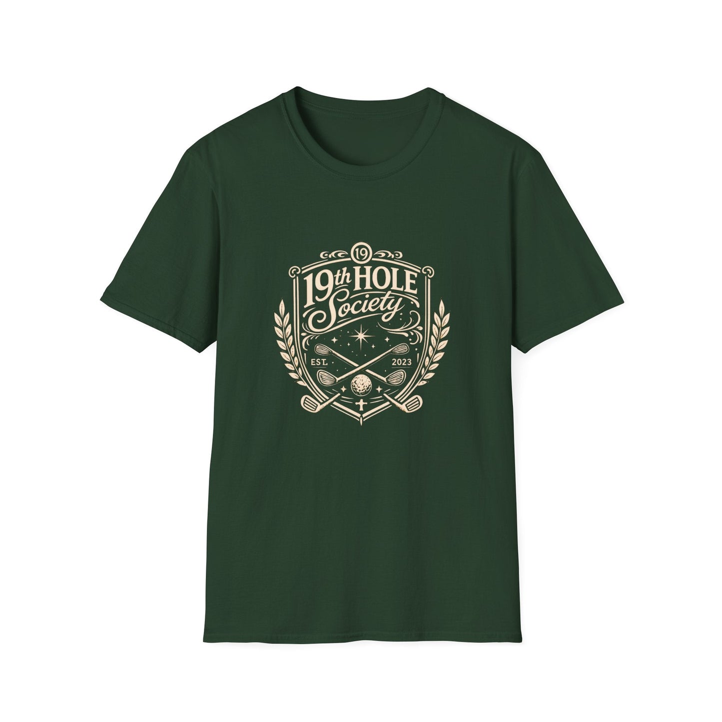 19th Hole Society Golf T-Shirt | Vintage Crest Front Print Tee | Premium Golf Apparel - SJM Print Store