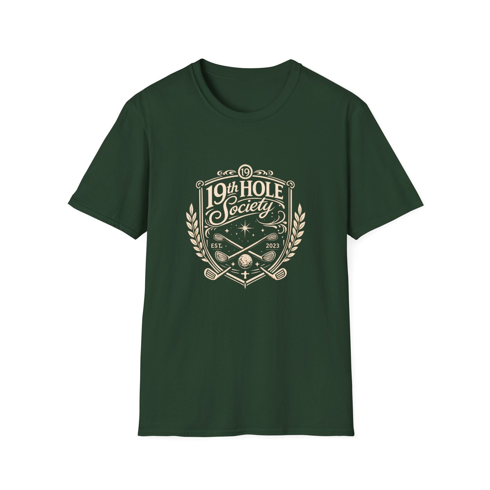 19th Hole Society Golf T-Shirt | Vintage Crest Front Print Tee | Premium Golf Apparel - SJM Print Store