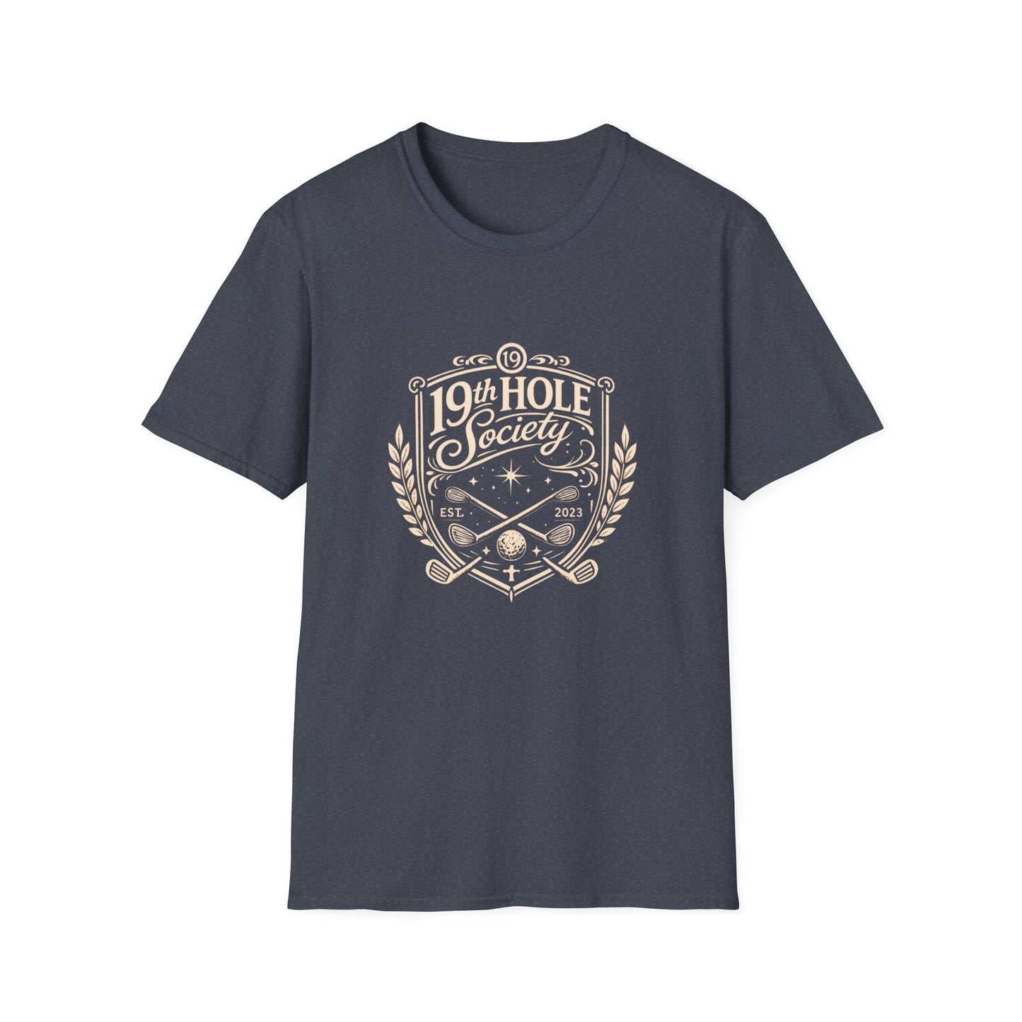 19th Hole Society Golf T-Shirt | Vintage Crest Front Print Tee | Premium Golf Apparel - SJM Print Store