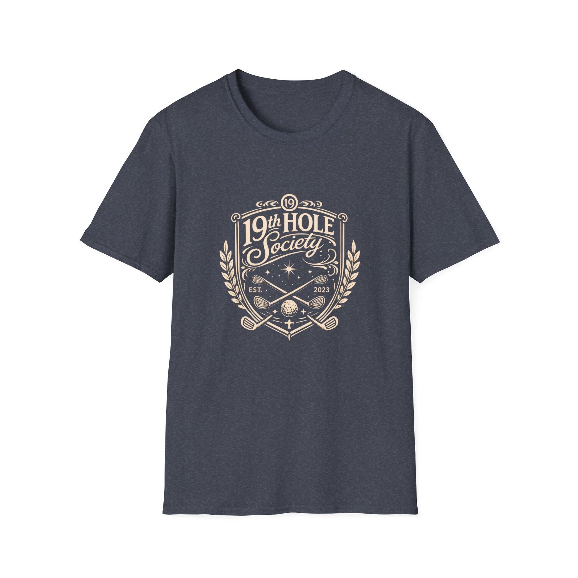 19th Hole Society Golf T-Shirt | Vintage Crest Front Print Tee | Premium Golf Apparel - SJM Print Store