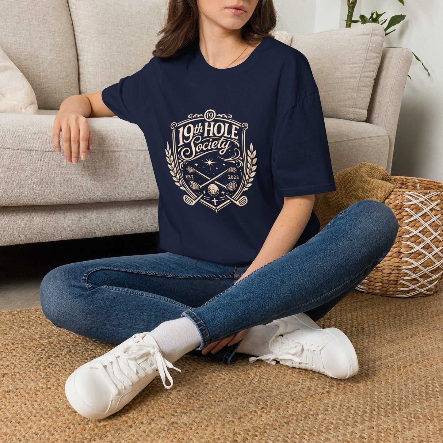 19th Hole Society Golf T-Shirt | Vintage Crest Front Print Tee | Premium Golf Apparel - SJM Print Store