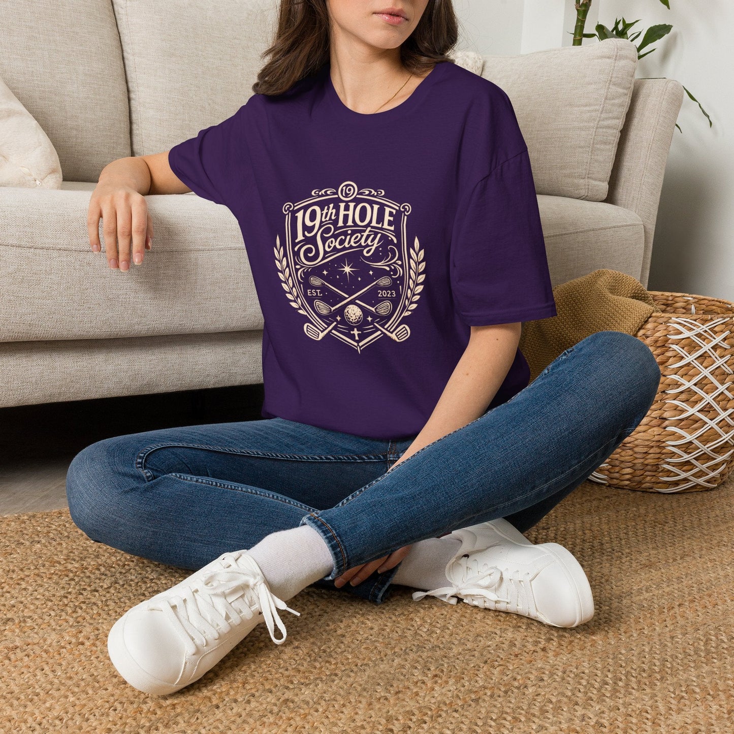 19th Hole Society Golf T-Shirt | Vintage Crest Front Print Tee | Premium Golf Apparel - SJM Print Store