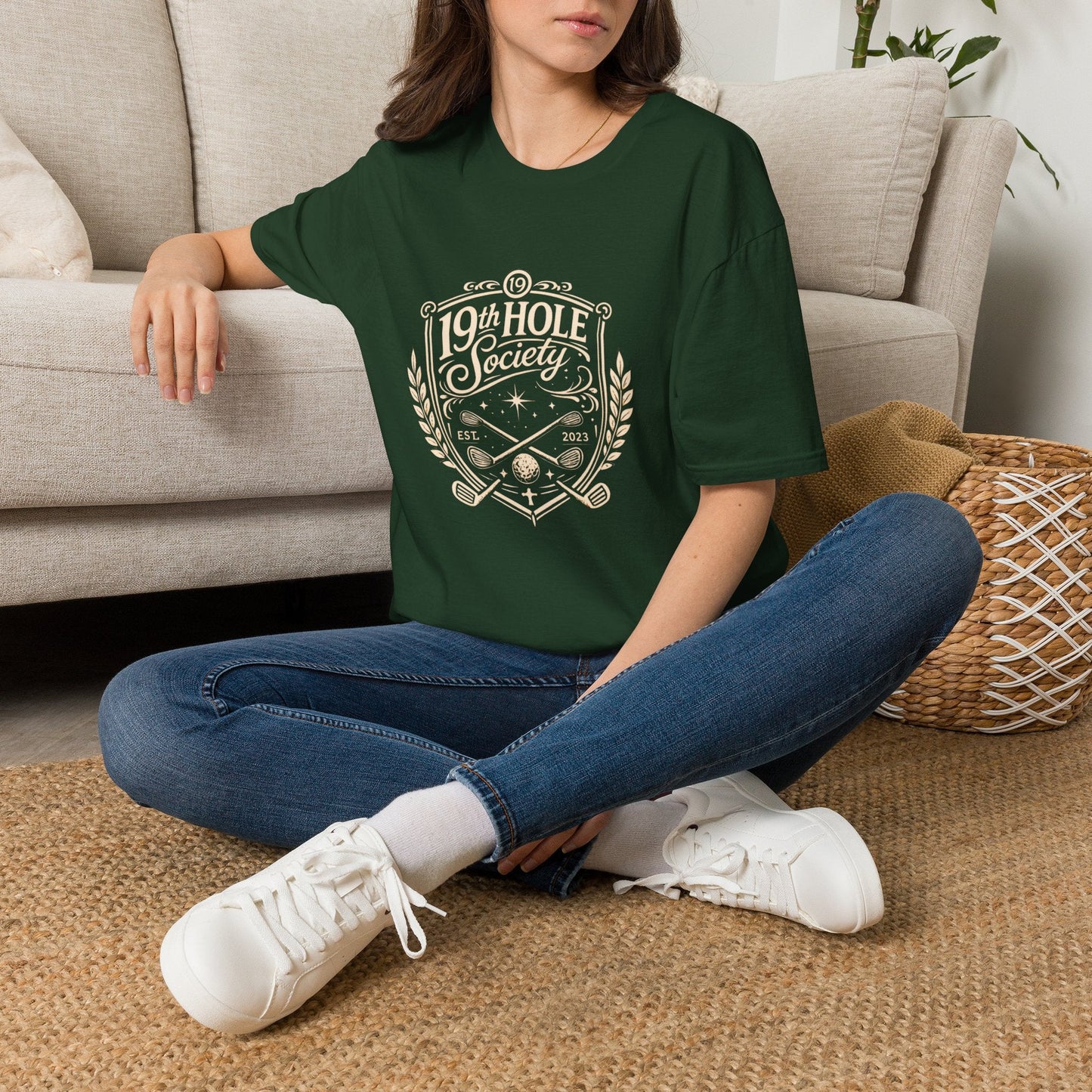 19th Hole Society Golf T-Shirt | Vintage Crest Front Print Tee | Premium Golf Apparel - SJM Print Store
