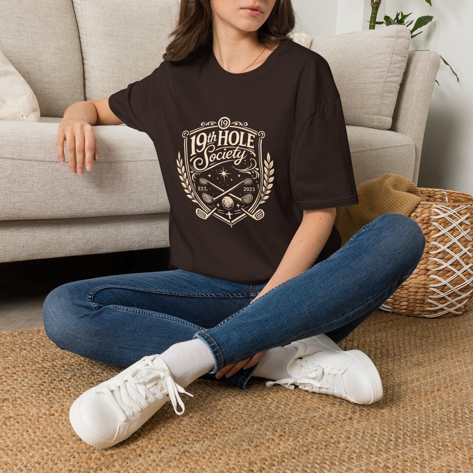 19th Hole Society Golf T-Shirt | Vintage Crest Front Print Tee | Premium Golf Apparel - SJM Print Store