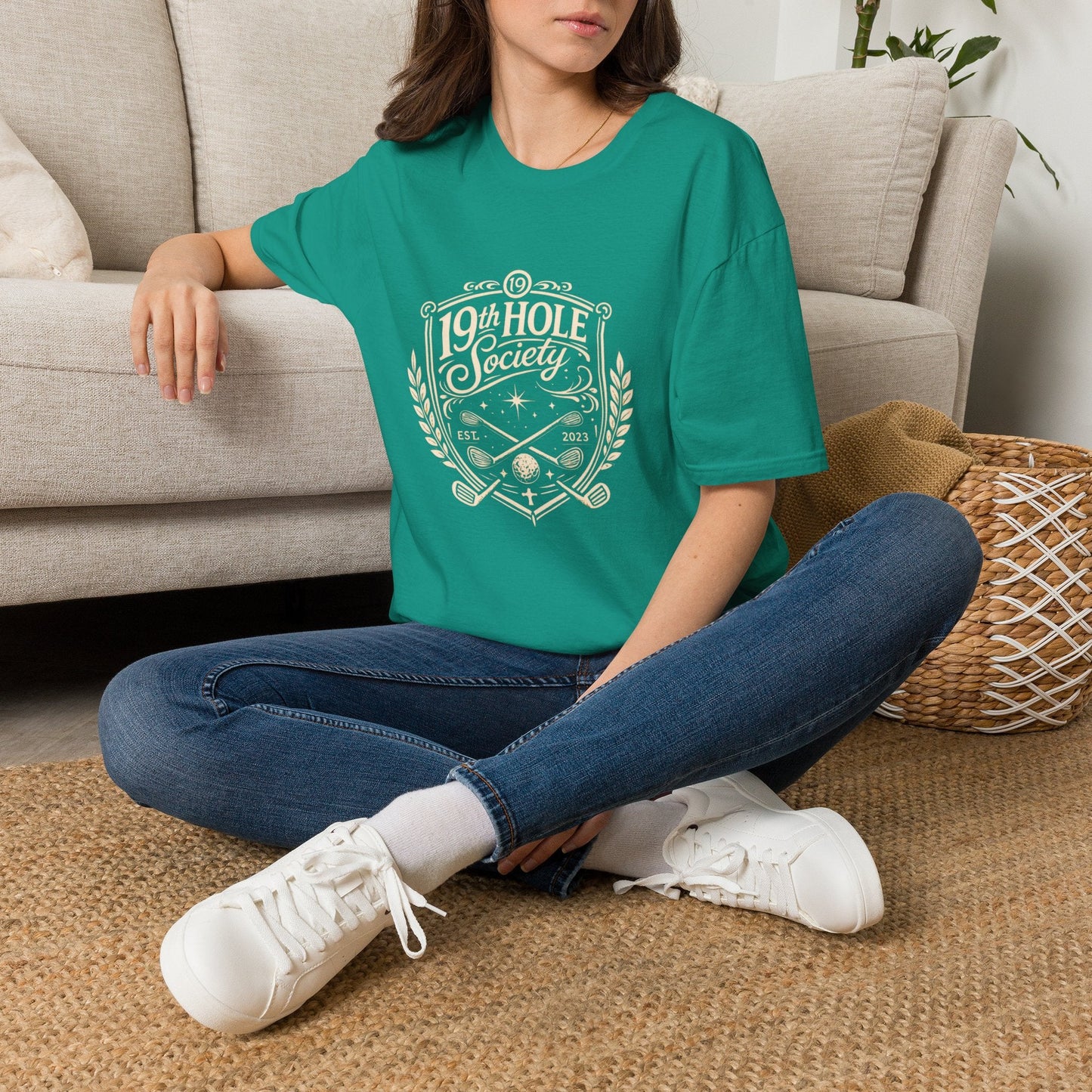 19th Hole Society Golf T-Shirt | Vintage Crest Front Print Tee | Premium Golf Apparel - SJM Print Store