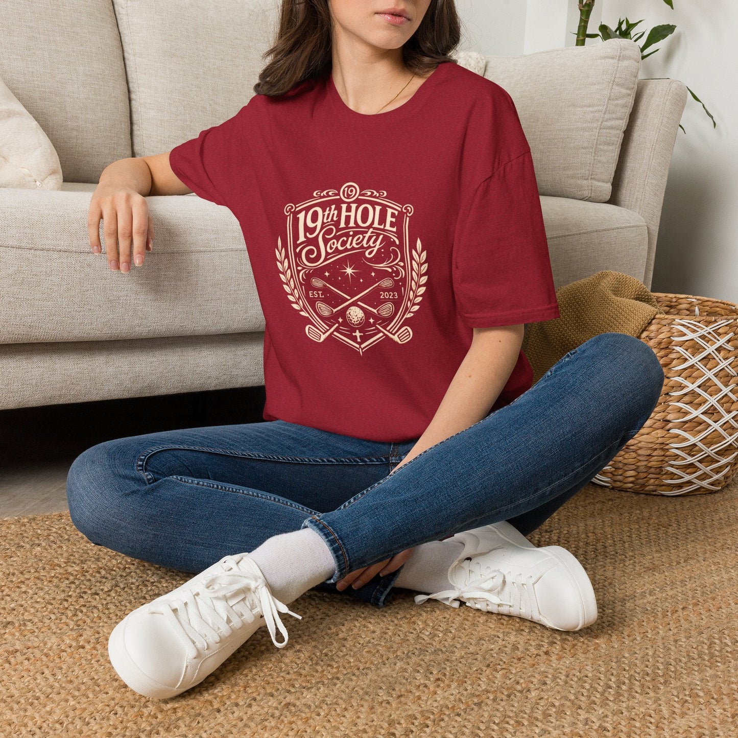 19th Hole Society Golf T-Shirt | Vintage Crest Front Print Tee | Premium Golf Apparel - SJM Print Store