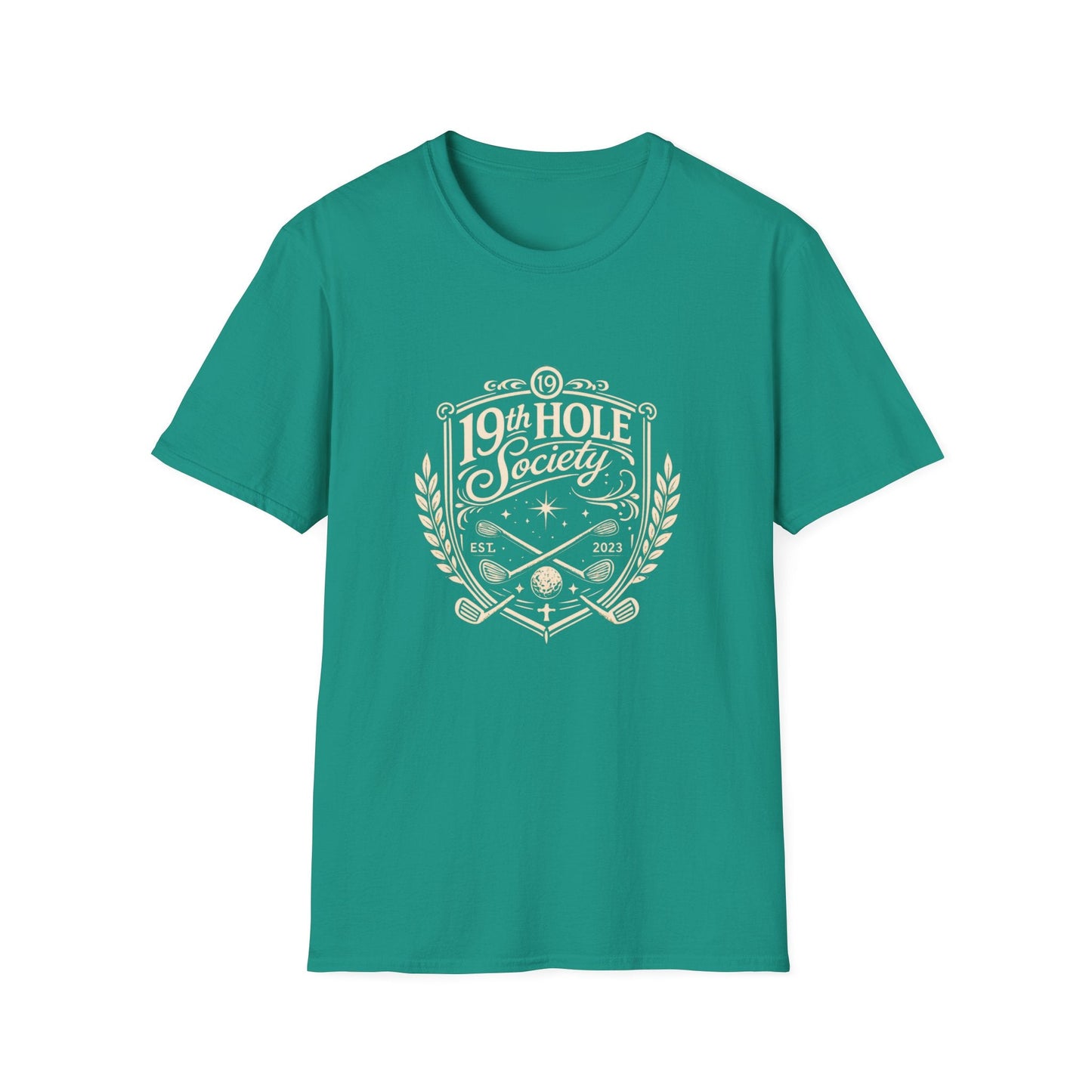 19th Hole Society Golf T-Shirt | Vintage Crest Front Print Tee | Premium Golf Apparel - SJM Print Store