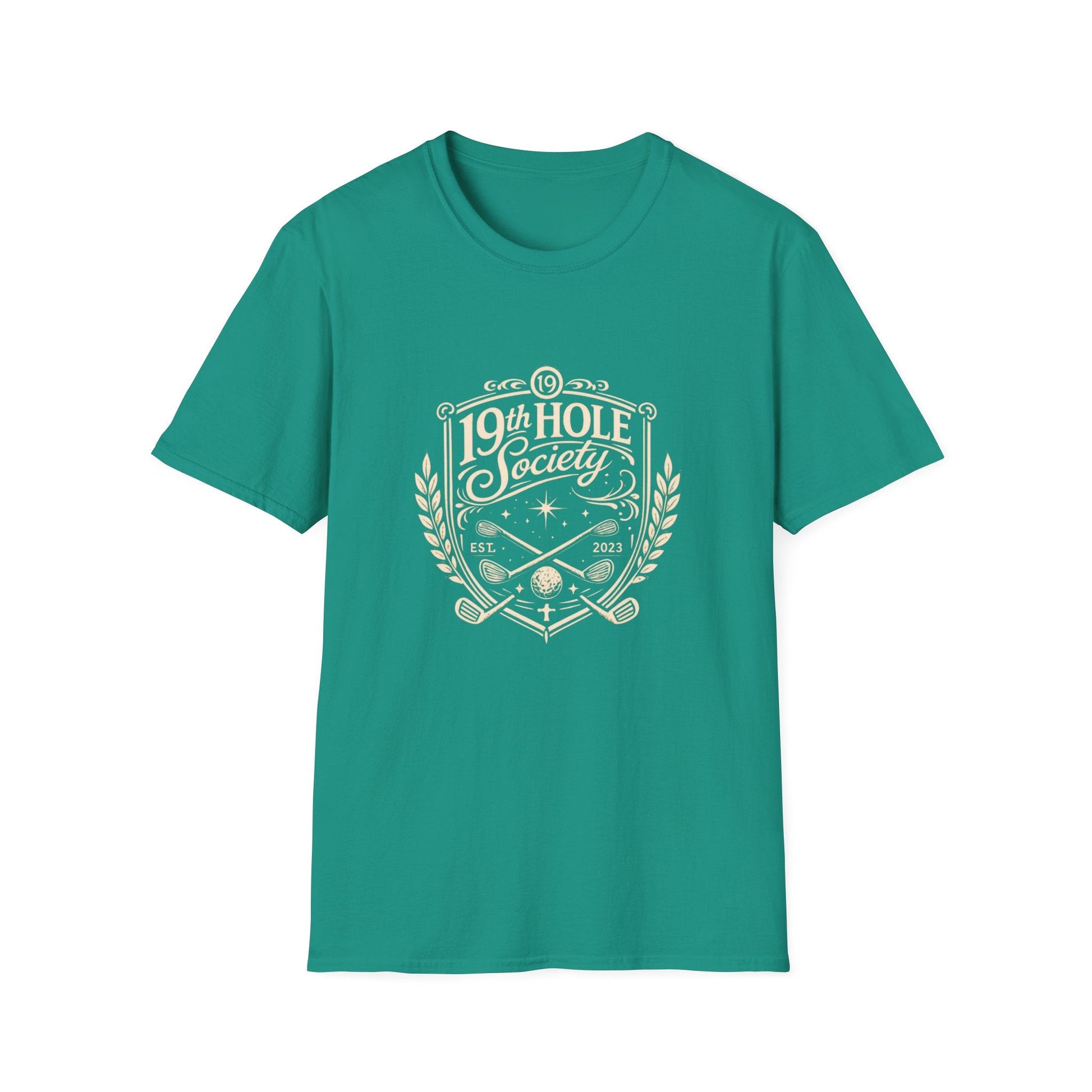 19th Hole Society Golf T-Shirt | Vintage Crest Front Print Tee | Premium Golf Apparel - SJM Print Store