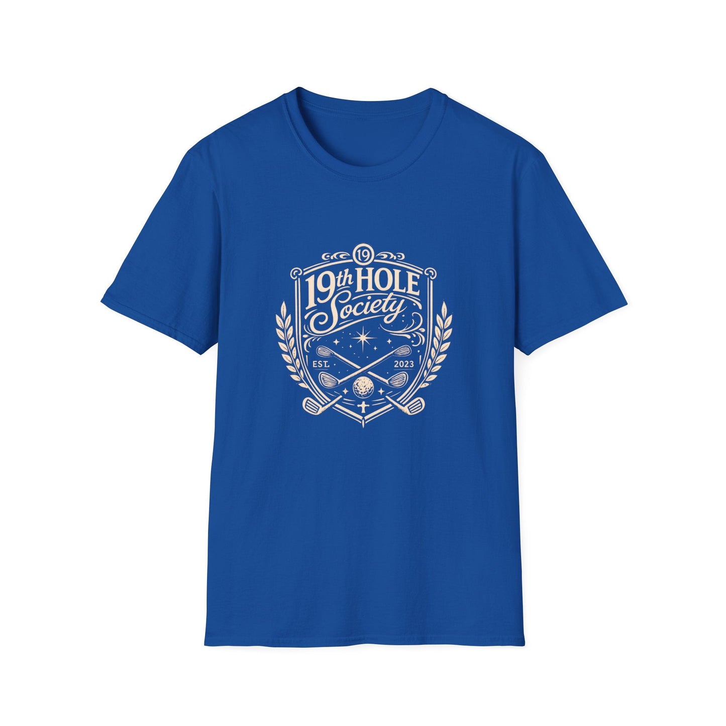 19th Hole Society Golf T-Shirt | Vintage Crest Front Print Tee | Premium Golf Apparel - SJM Print Store