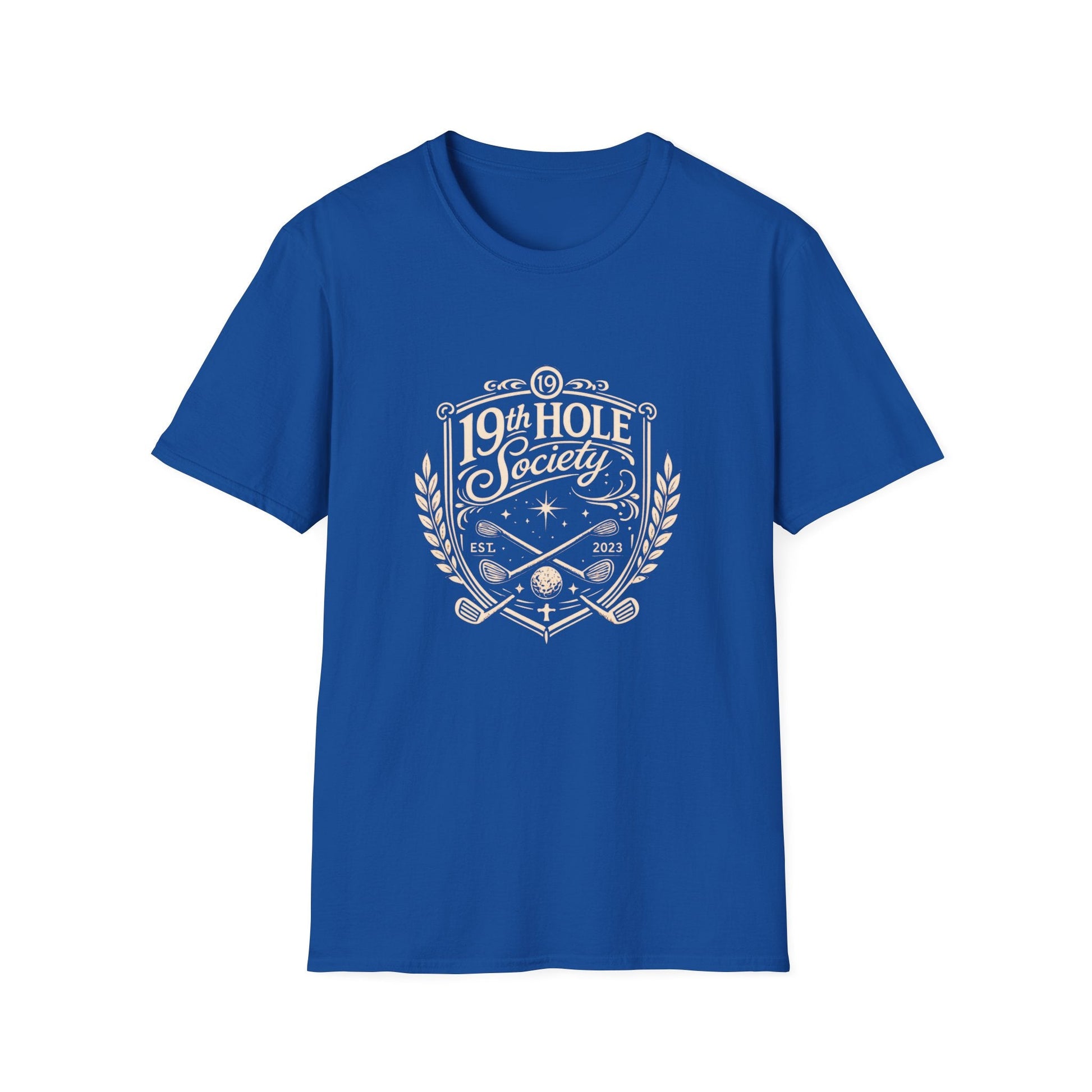 19th Hole Society Golf T-Shirt | Vintage Crest Front Print Tee | Premium Golf Apparel - SJM Print Store