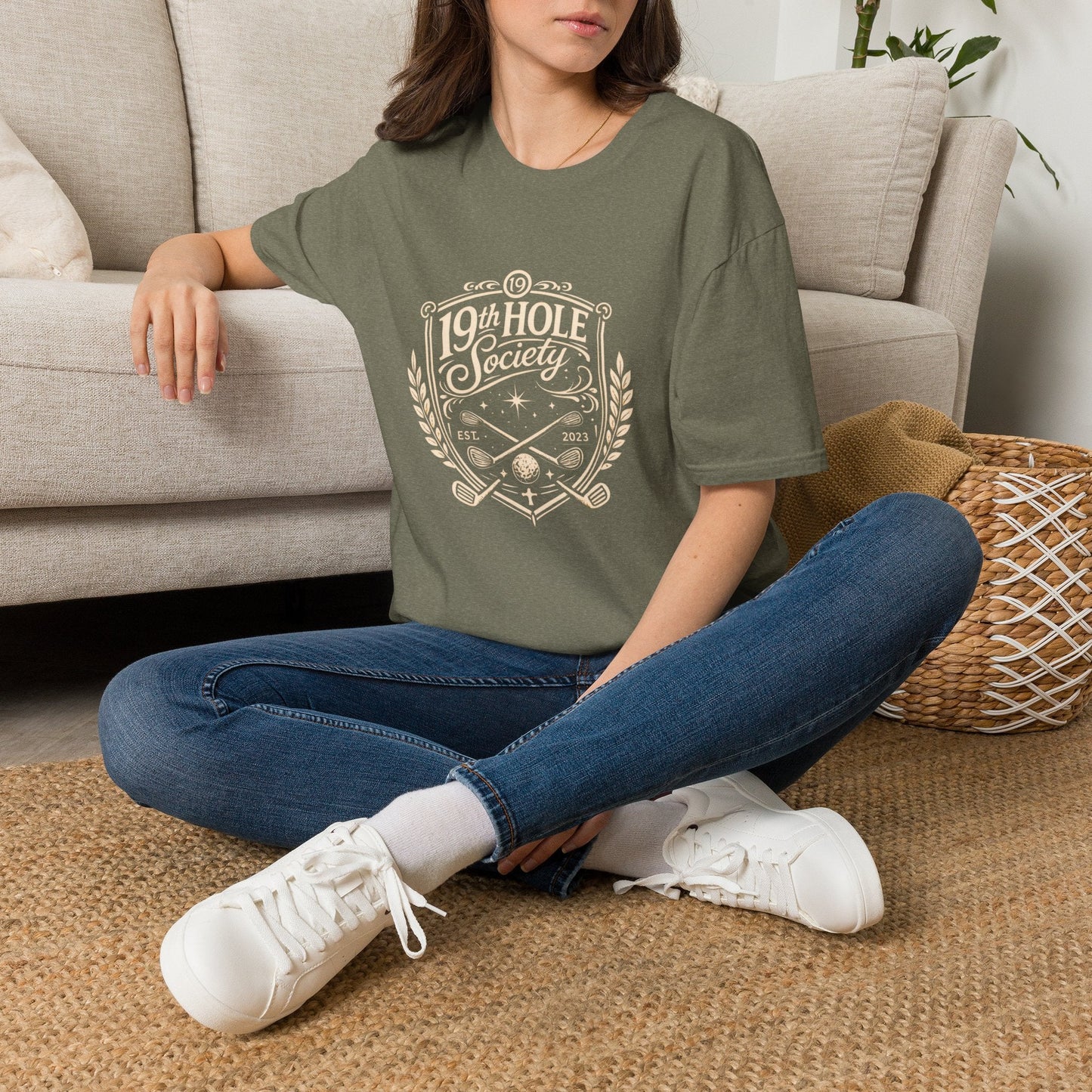 19th Hole Society Golf T-Shirt | Vintage Crest Front Print Tee | Premium Golf Apparel - SJM Print Store