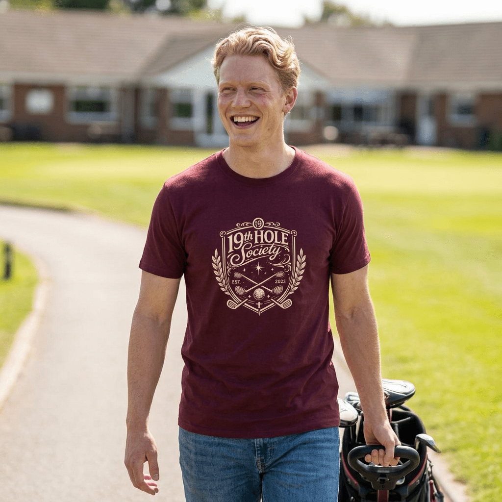 19th Hole Society Golf T-Shirt | Vintage Crest Front Print Tee | Premium Golf Apparel - SJM Print Store