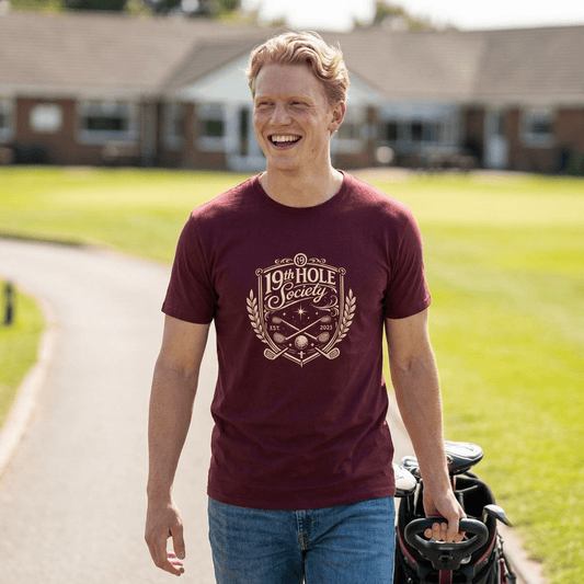 19th Hole Society Golf T-Shirt | Vintage Crest Front Print Tee | Premium Golf Apparel - SJM Print Store