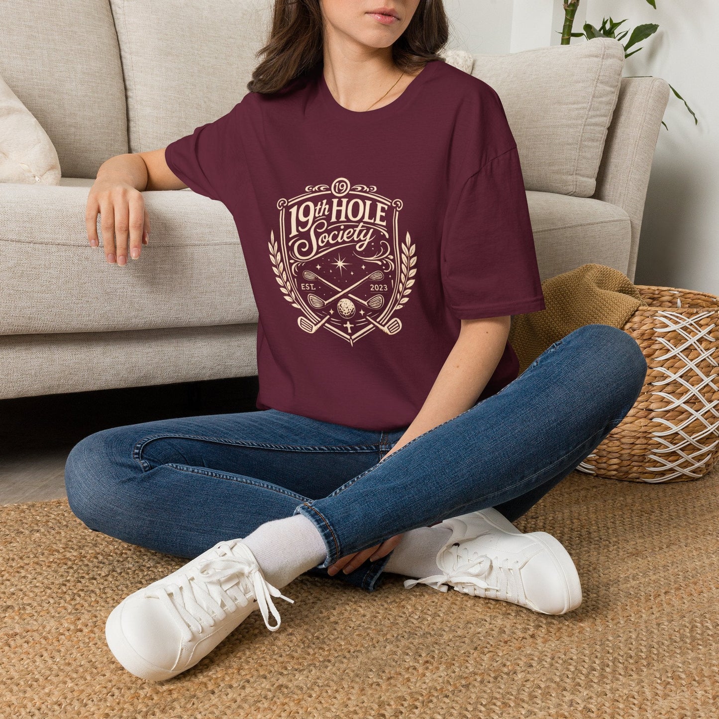 19th Hole Society Golf T-Shirt | Vintage Crest Front Print Tee | Premium Golf Apparel - SJM Print Store