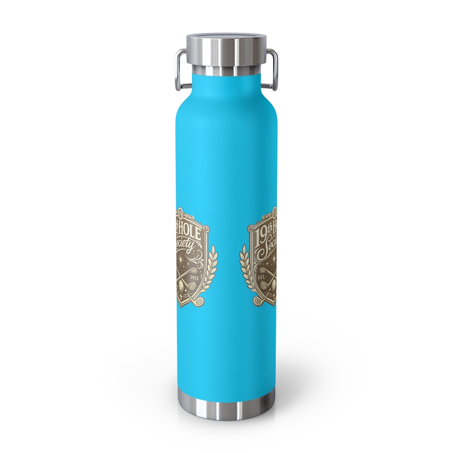 19th Hole Society Insulated Water Bottle | Bronze Crest Golf Flask | Premium Stainless Steel Drinkware - SJM Print Store