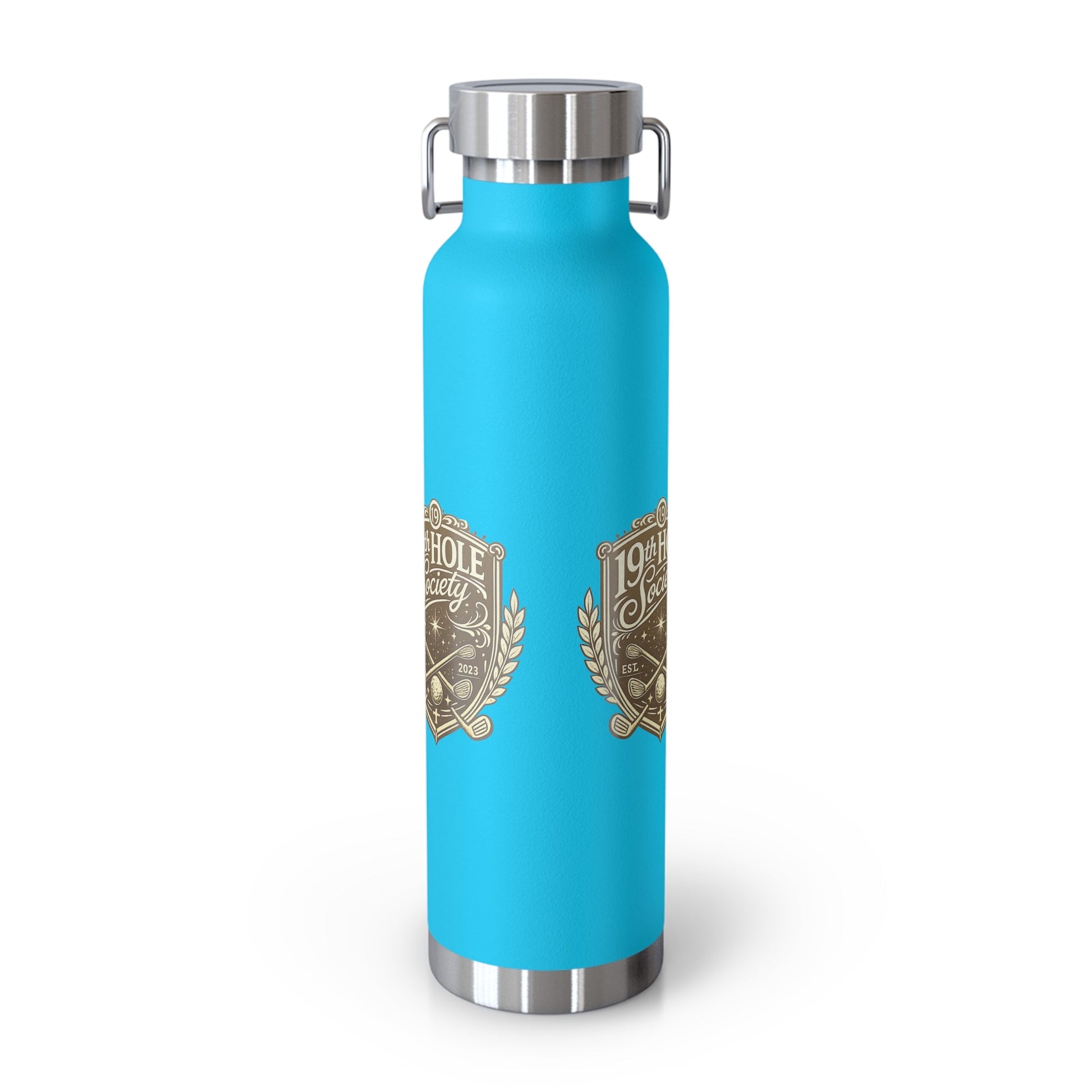 19th Hole Society Insulated Water Bottle | Bronze Crest Golf Flask | Premium Stainless Steel Drinkware - SJM Print Store