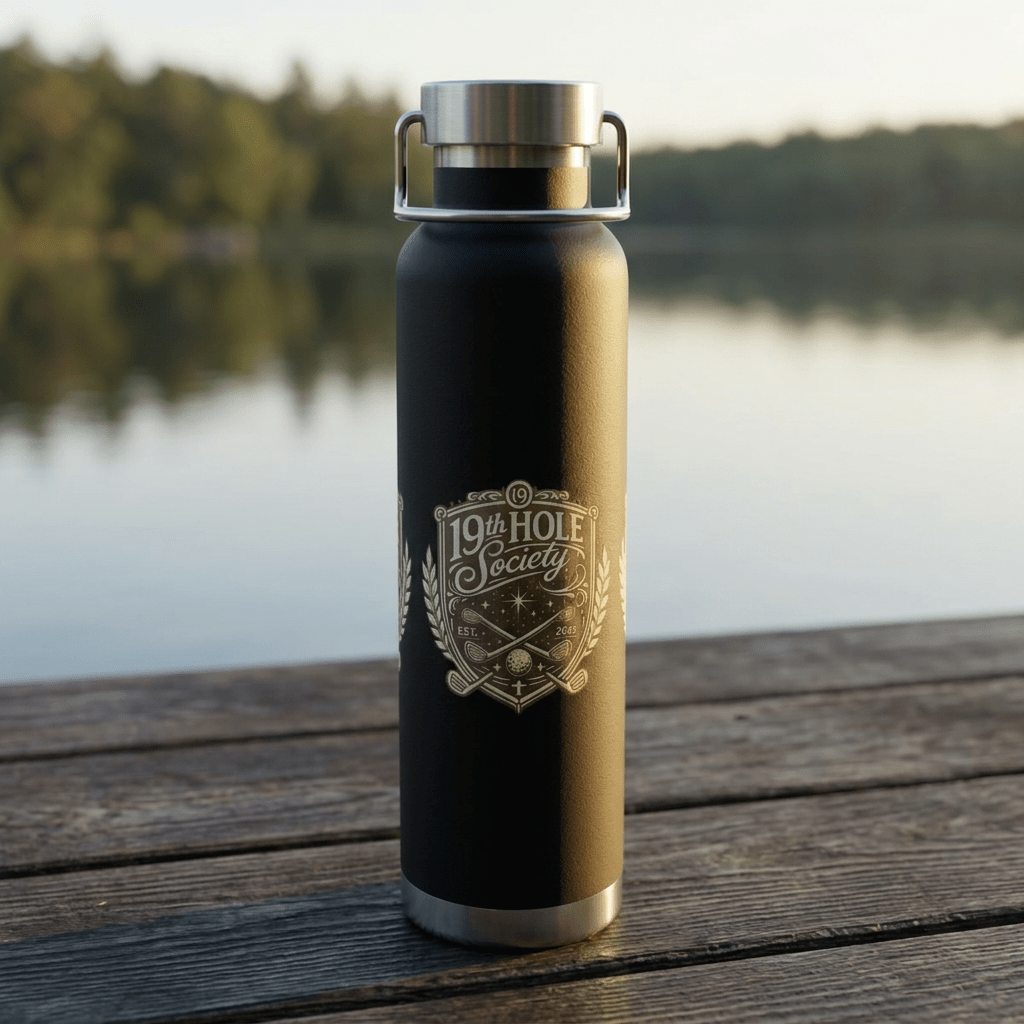 19th Hole Society Insulated Water Bottle | Bronze Crest Golf Flask | Premium Stainless Steel Drinkware - SJM Print Store