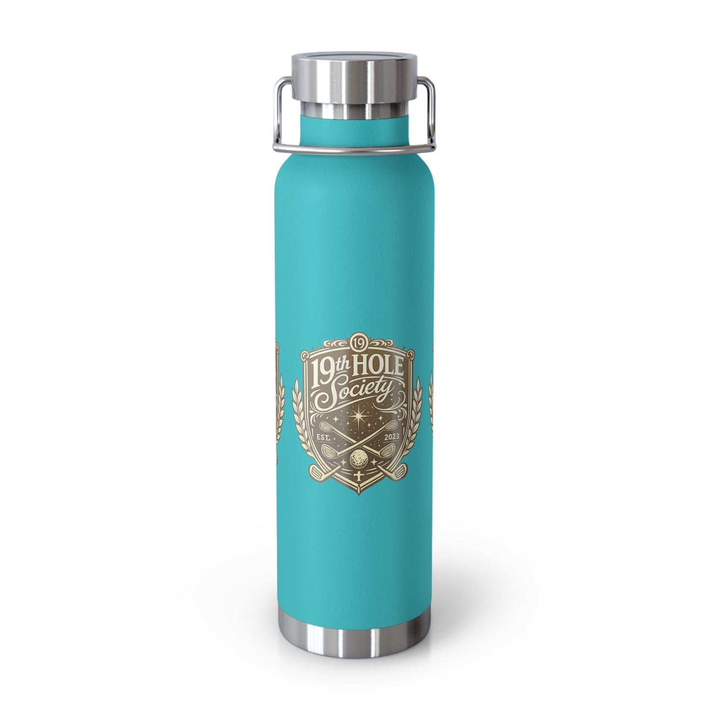 19th Hole Society Insulated Water Bottle | Bronze Crest Golf Flask | Premium Stainless Steel Drinkware - SJM Print Store