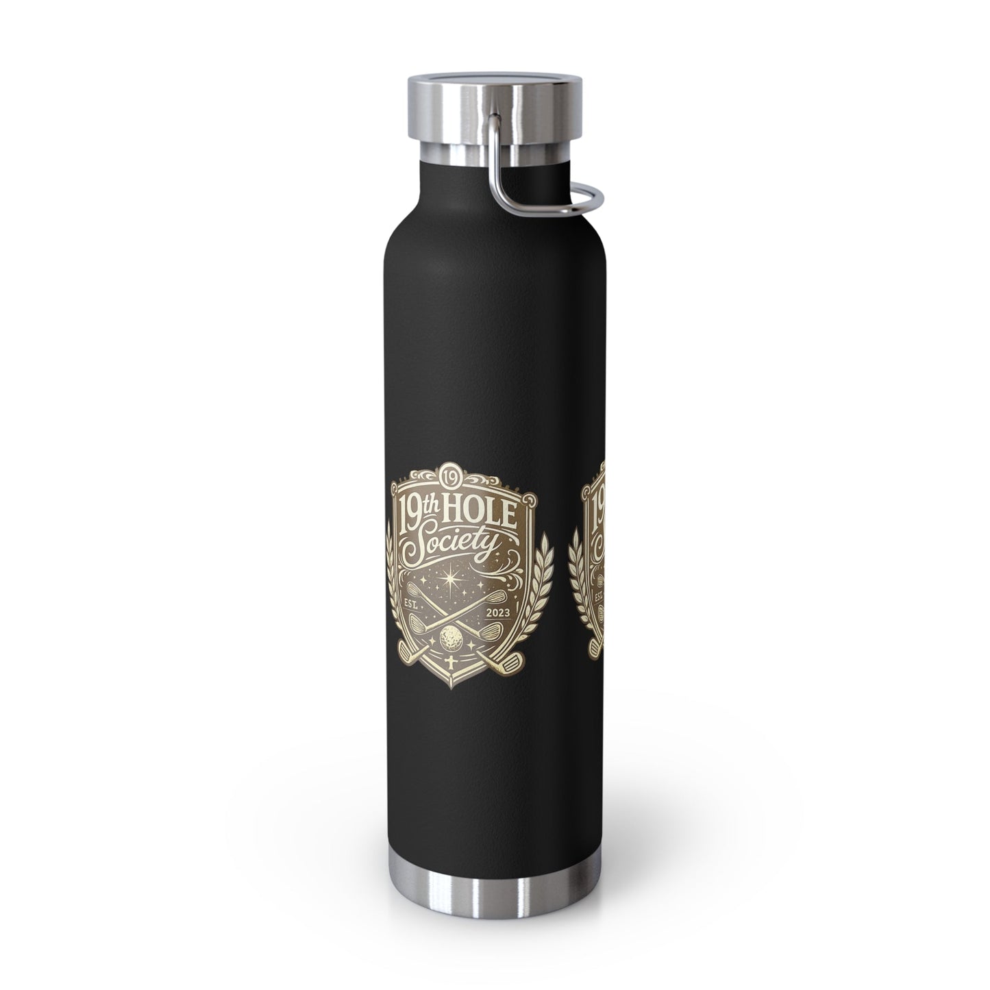 19th Hole Society Insulated Water Bottle | Bronze Crest Golf Flask | Premium Stainless Steel Drinkware - SJM Print Store