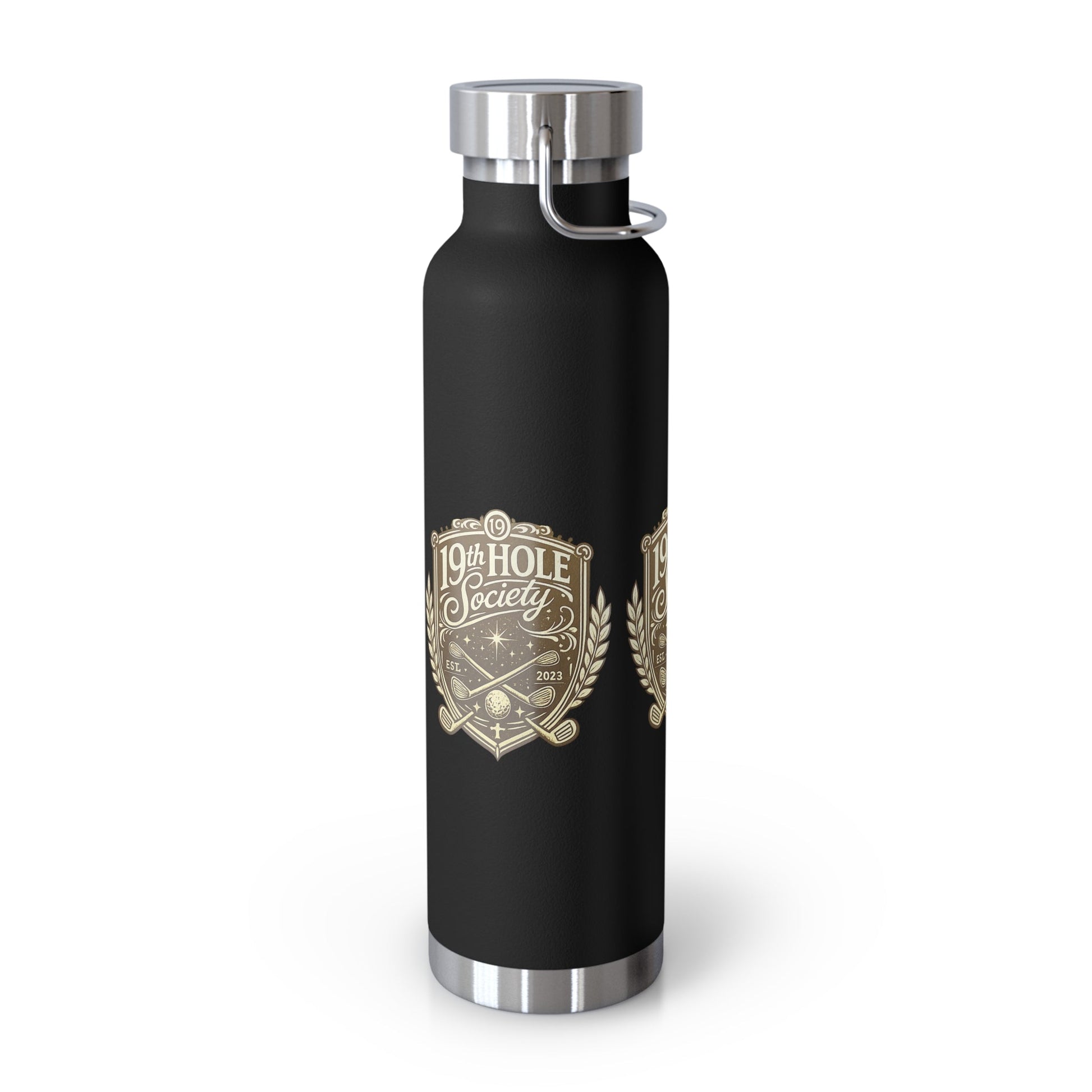19th Hole Society Insulated Water Bottle | Bronze Crest Golf Flask | Premium Stainless Steel Drinkware - SJM Print Store