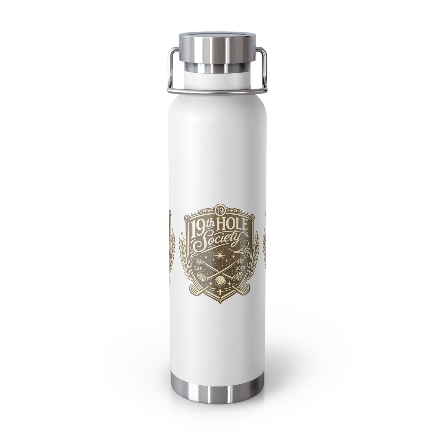 19th Hole Society Insulated Water Bottle | Bronze Crest Golf Flask | Premium Stainless Steel Drinkware - SJM Print Store