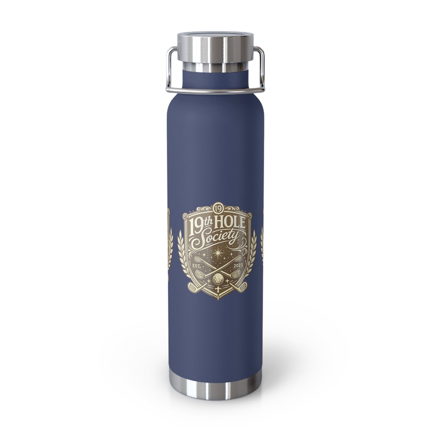 19th Hole Society Insulated Water Bottle | Bronze Crest Golf Flask | Premium Stainless Steel Drinkware - SJM Print Store