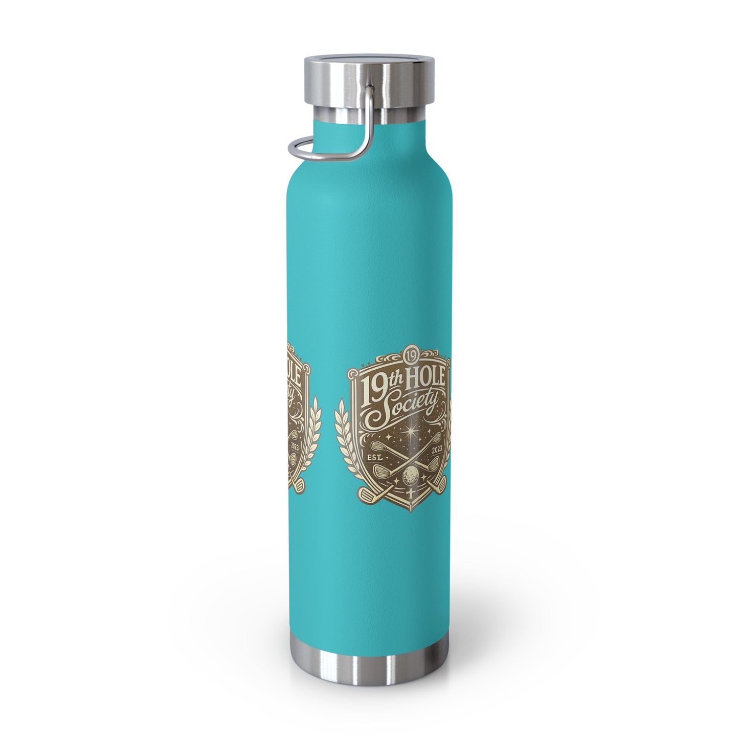 19th Hole Society Insulated Water Bottle | Bronze Crest Golf Flask | Premium Stainless Steel Drinkware - SJM Print Store
