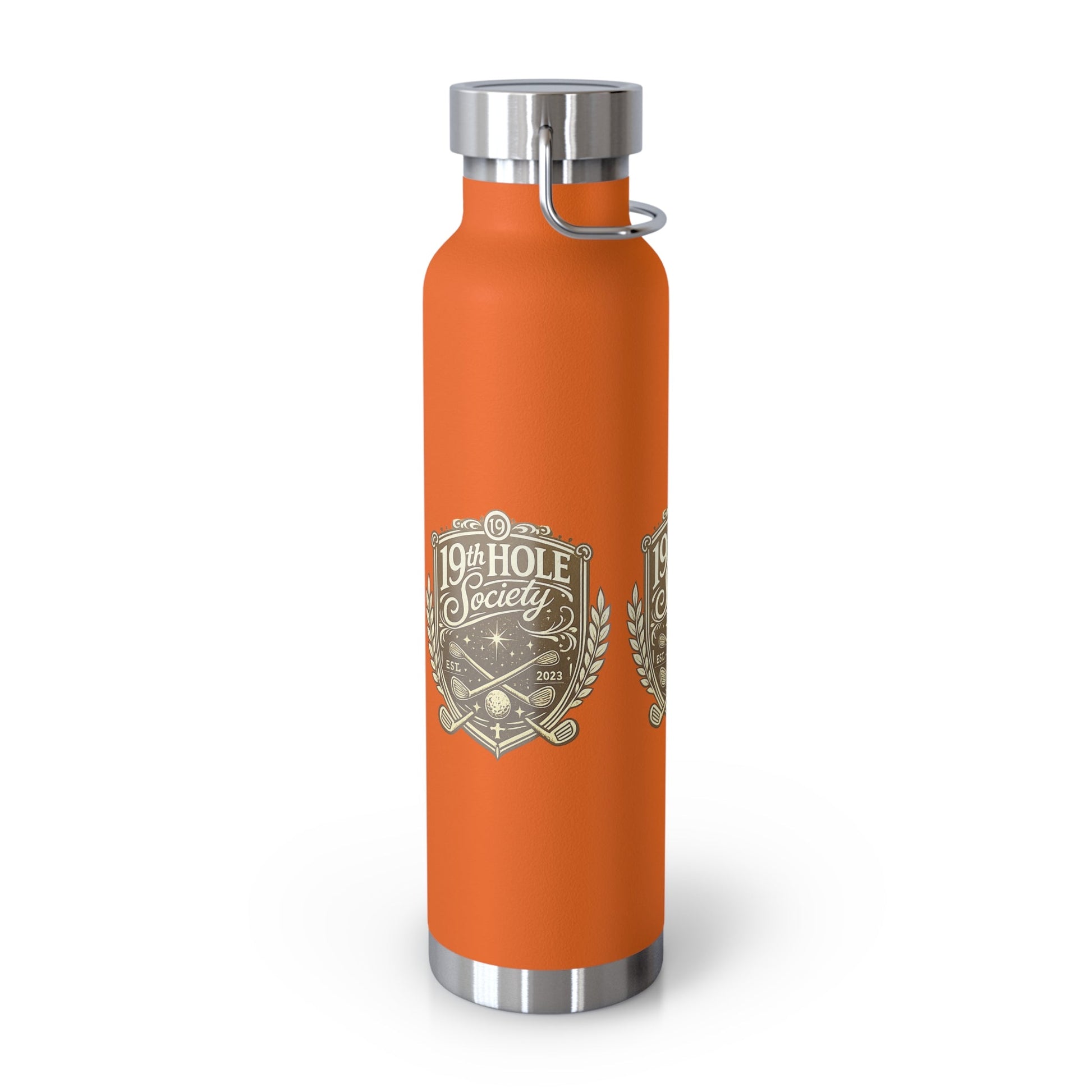 19th Hole Society Insulated Water Bottle | Bronze Crest Golf Flask | Premium Stainless Steel Drinkware - SJM Print Store