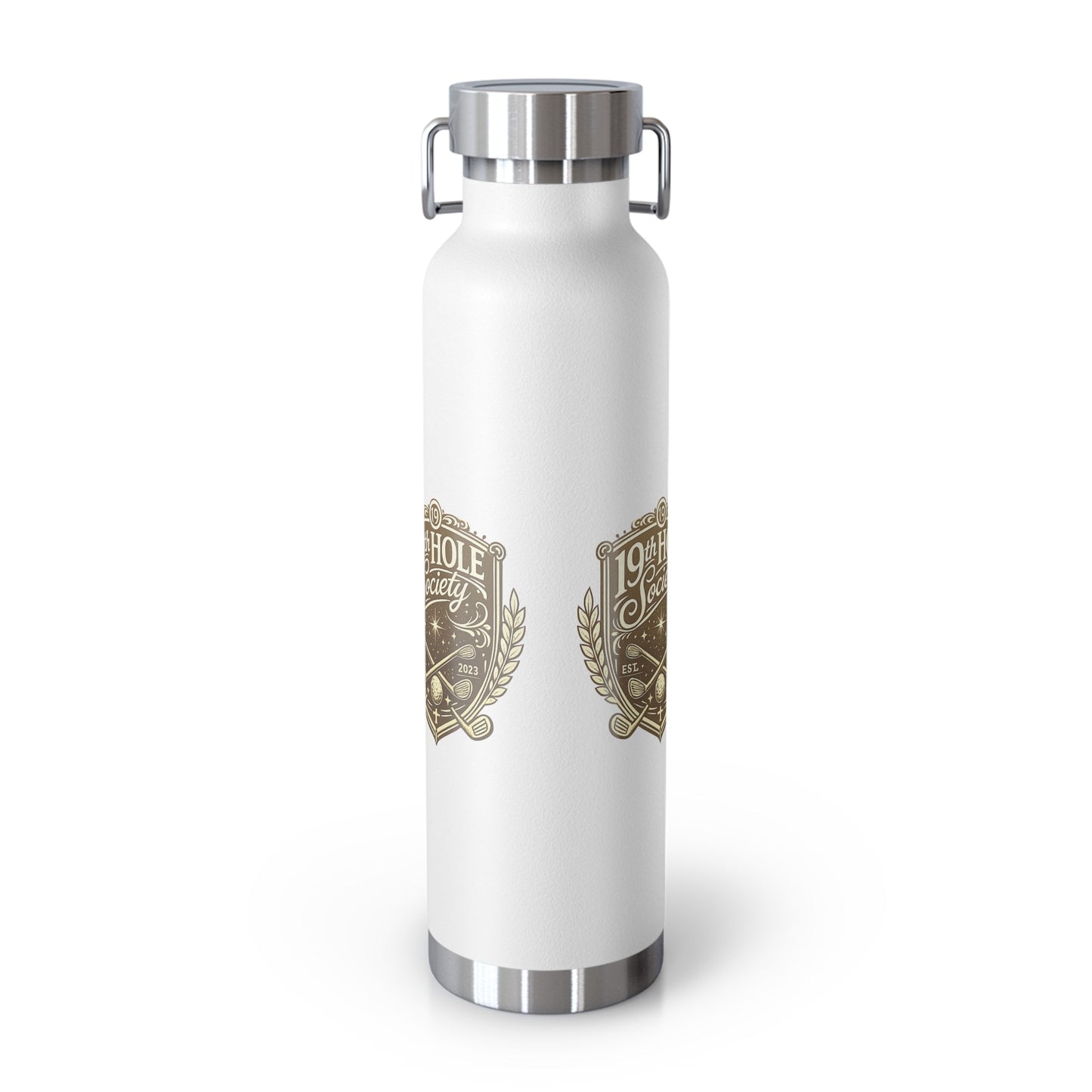 19th Hole Society Insulated Water Bottle | Bronze Crest Golf Flask | Premium Stainless Steel Drinkware - SJM Print Store
